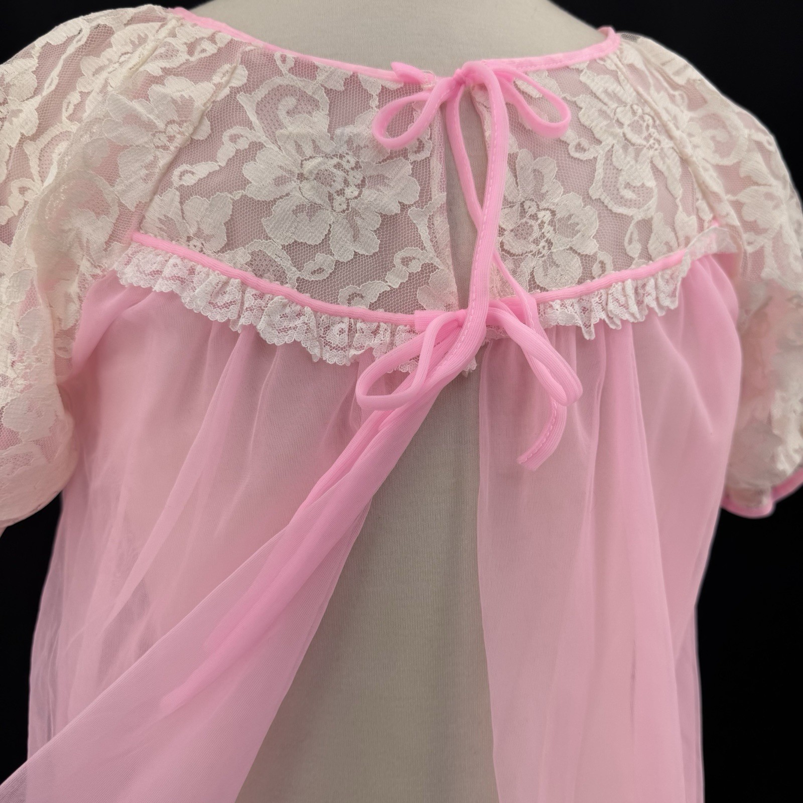 Vintage Babydoll SHEER Gown SHORT Robe CHIFFON Jacket TOP Dress Bow BARBIE Pink