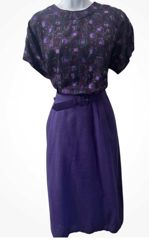 Vtg 50s Atomic Print Dress L Purple Cap Sleeve Silk Solid Skirt Belt Pencil Rare