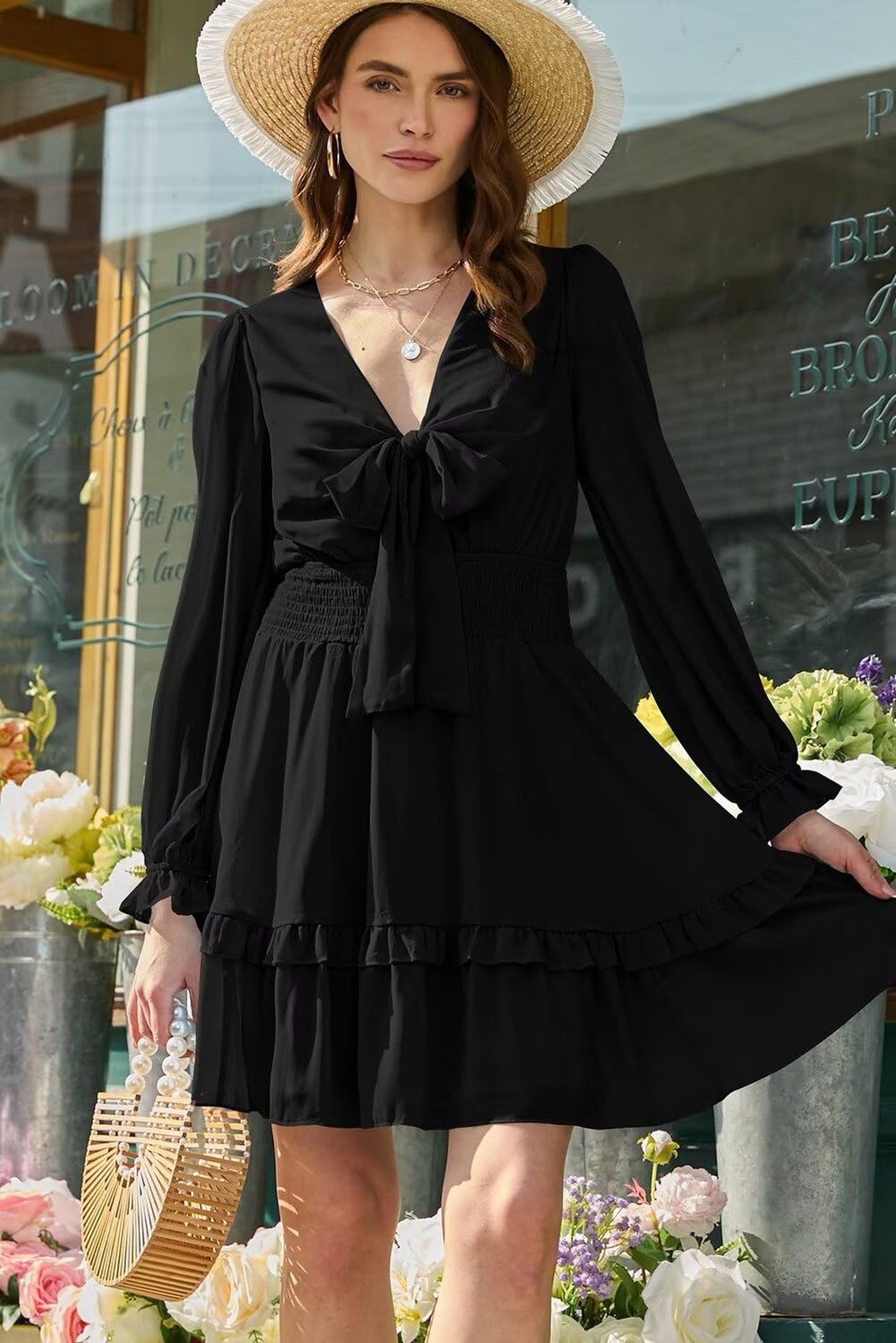 Dokotoo Womens Casual Spring Fall 2025 Deep V Neck Knotted Tiered Chiffon Ele…