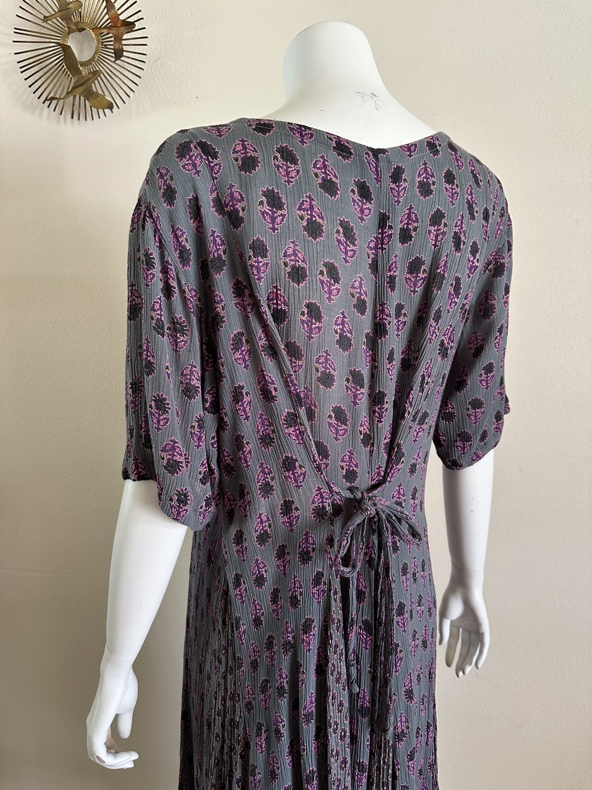 1990s Indian Block Print Rayon Gauze Tie Back Dress Grunge Floral Punk M 90s VTG