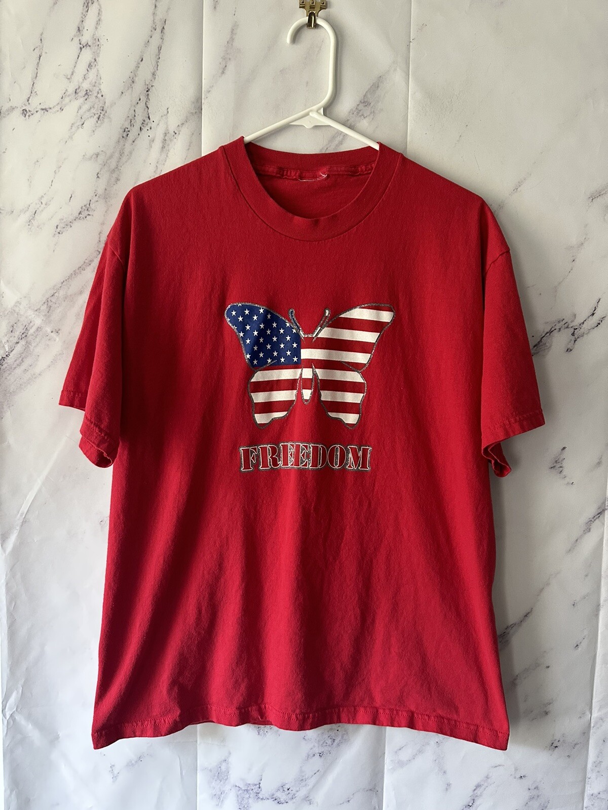 VTG 90s USA FLAG FREEDOM BUTTERFLY PRINT TSHIRT WOMENS MEDIUM