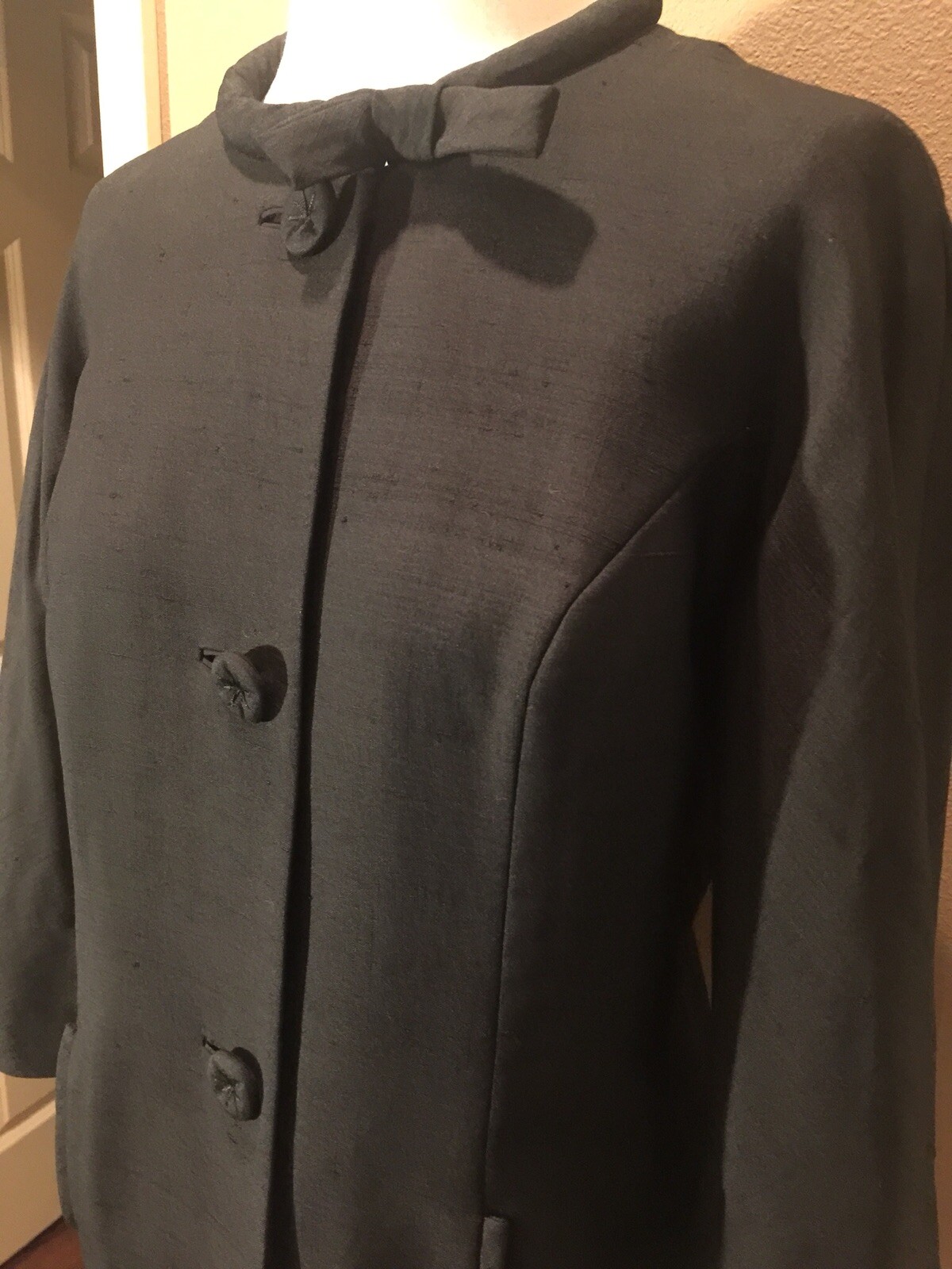Vintage Retro 10/12 L Black Collarless Jacket W 3/4 Sleeves & Pockets
