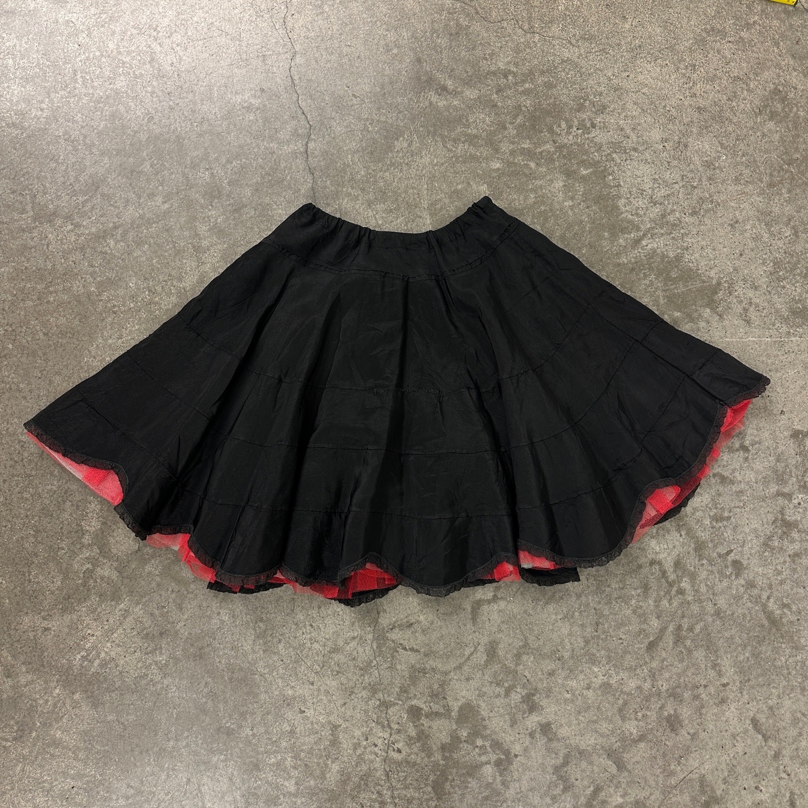 1950s Womens Black Taffeta Ruffle Tulle Skirt Peek-A-Boo Ruffle Uneven Hem Sz S