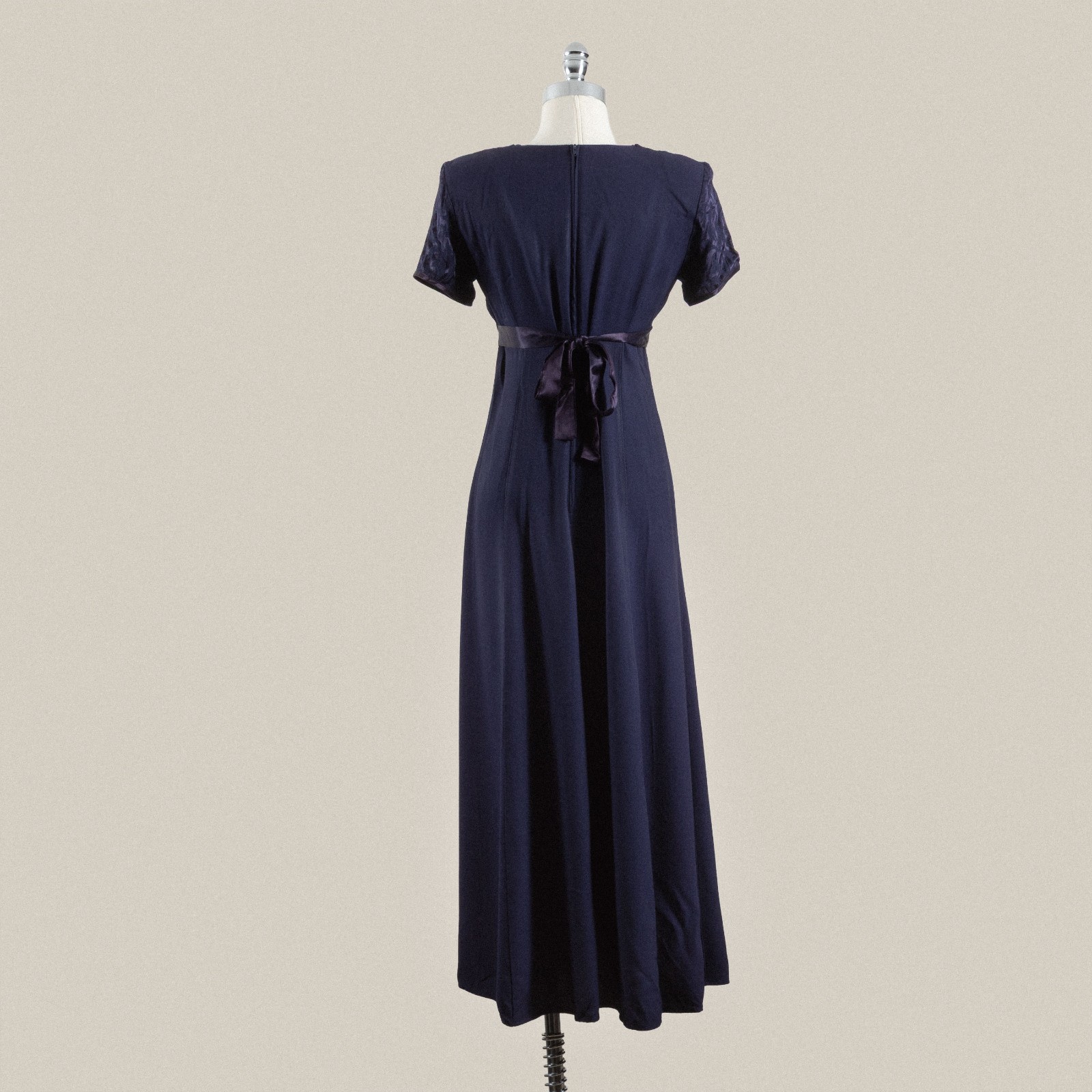 VTG 90s Be Smart Damask Maxi Dress 5/6 Navy Blue Crepe Empire Waist Prom Formal