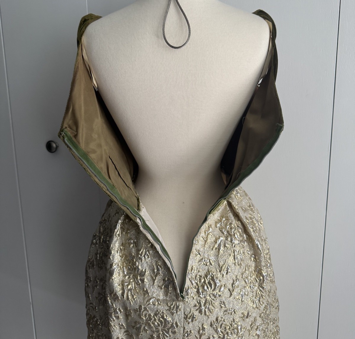 Vintage 1960’s Cocktail Party Dress Velvet Top Satin Bow Gold Brocade Lame Skirt