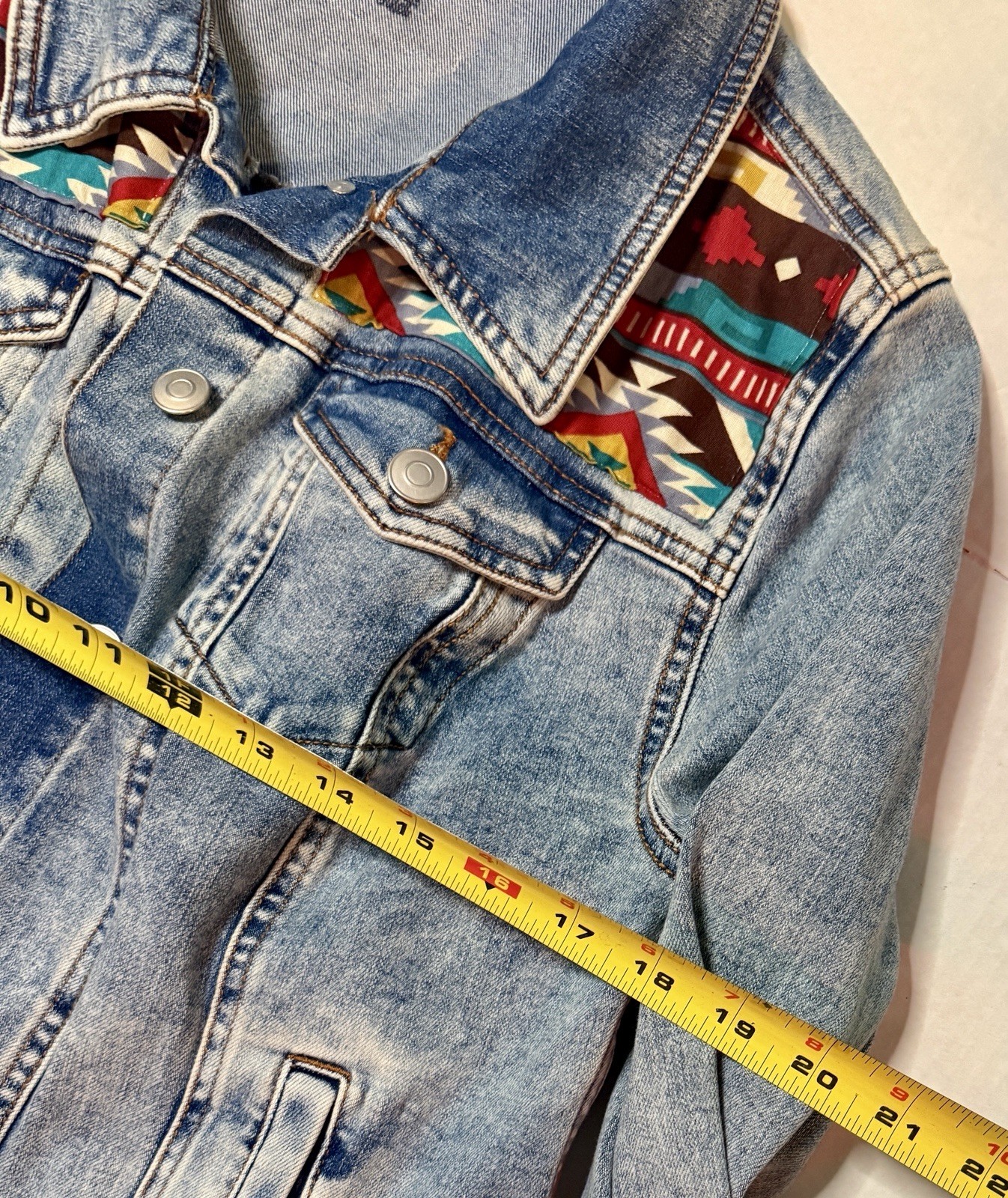 Y2K UpCycled South Western Jean Frosted Denim Jacket Aztec Custom sz 12 14 L