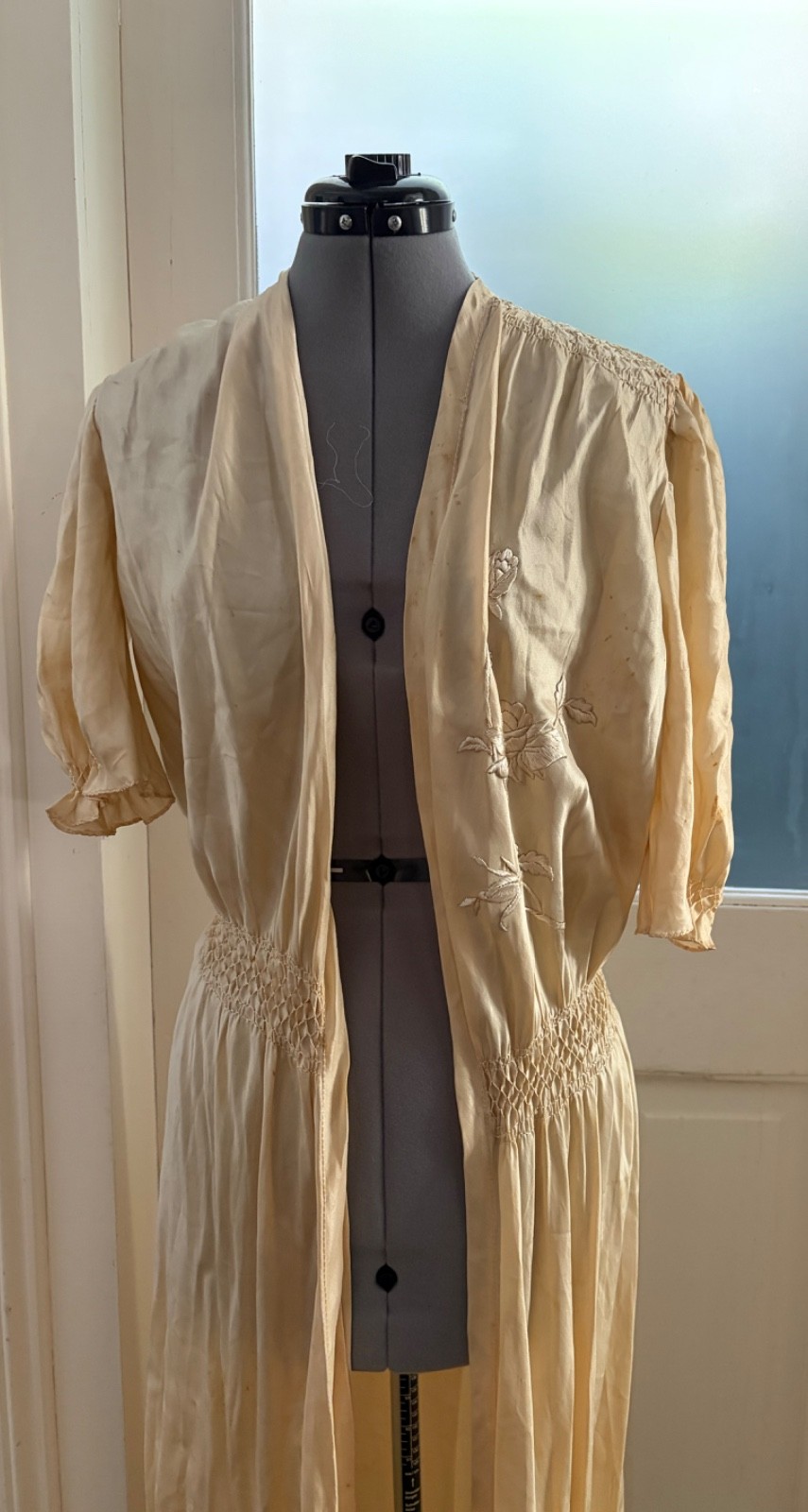 1930’s Silk? satin cream ROBE peignoir antique embroidered smocked dressing gown