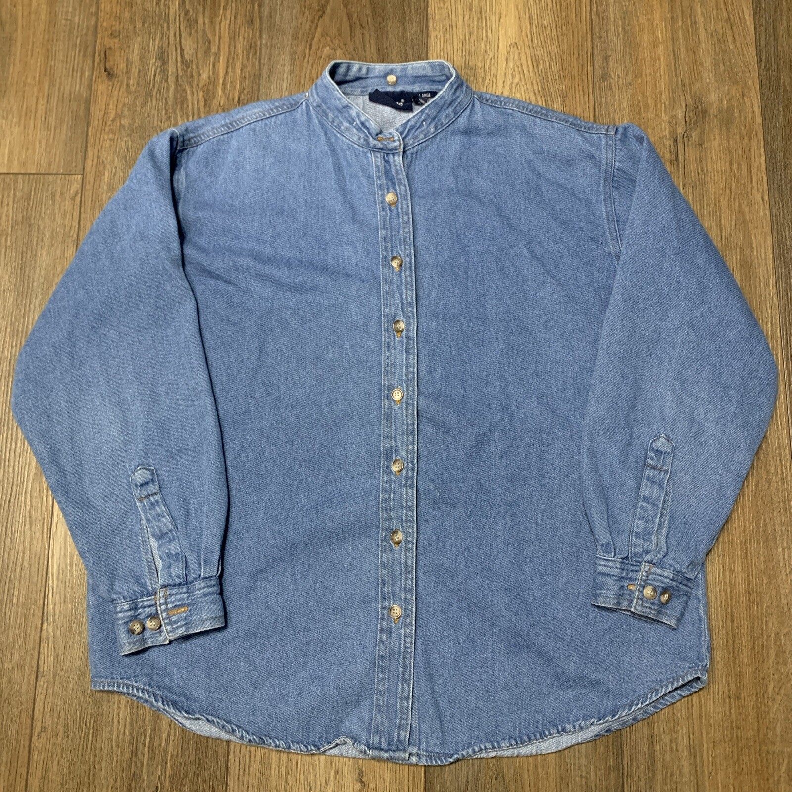 VTG Argee Denim Shirt Women’s L Western Classic Band Collar Blue Button Up