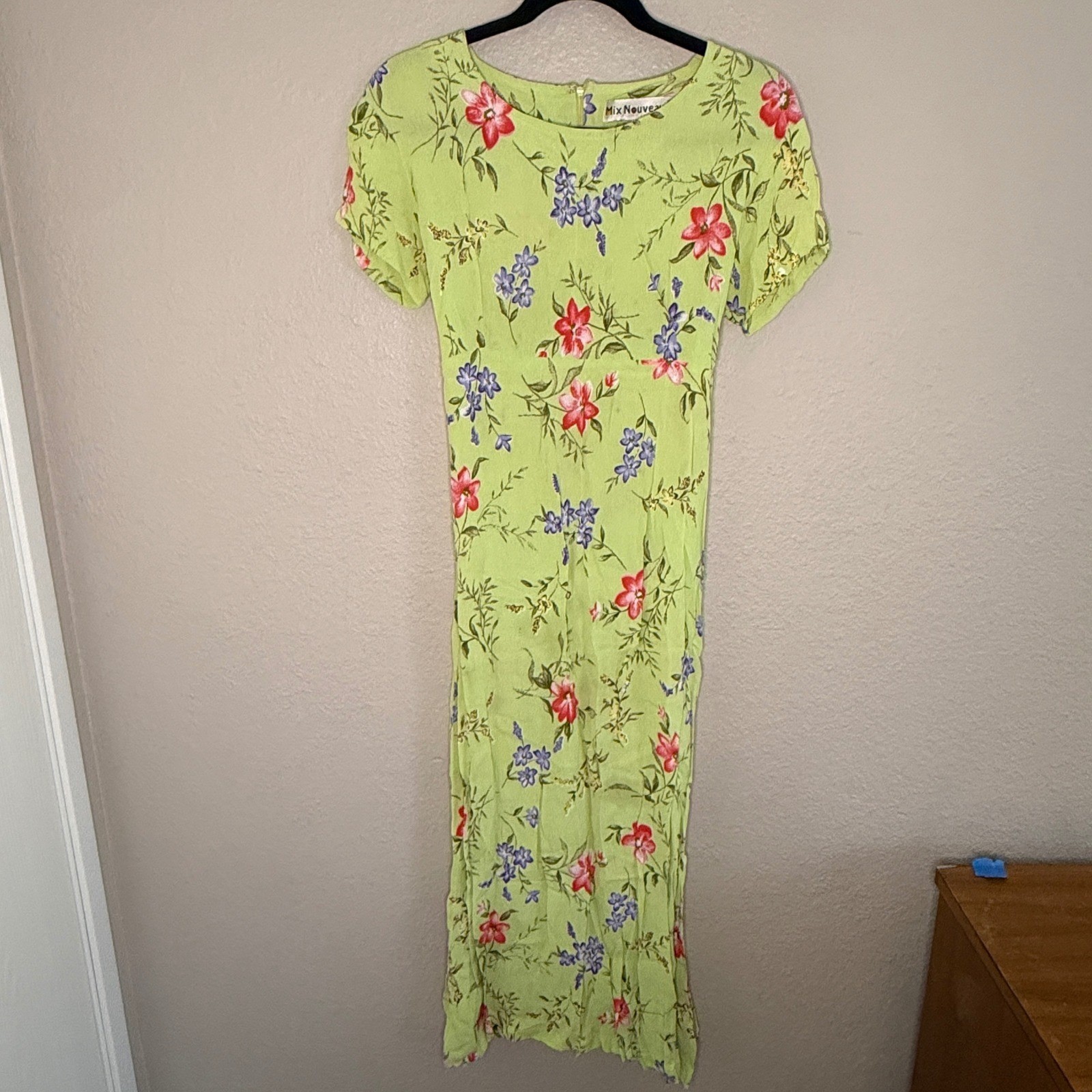 Vintage 90s Womens 4 Green Forest Floral Fairy Sheer Maxi Dress Boho Granola