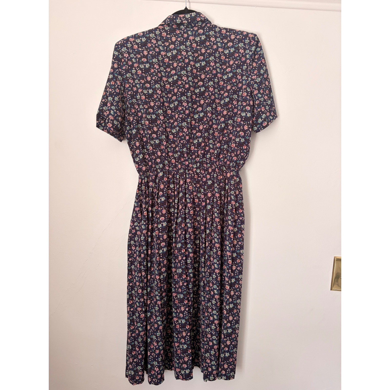 Leslie Fay Vintage Floral Midi Dress Purple Pink Short Sleeve Elastic Waist