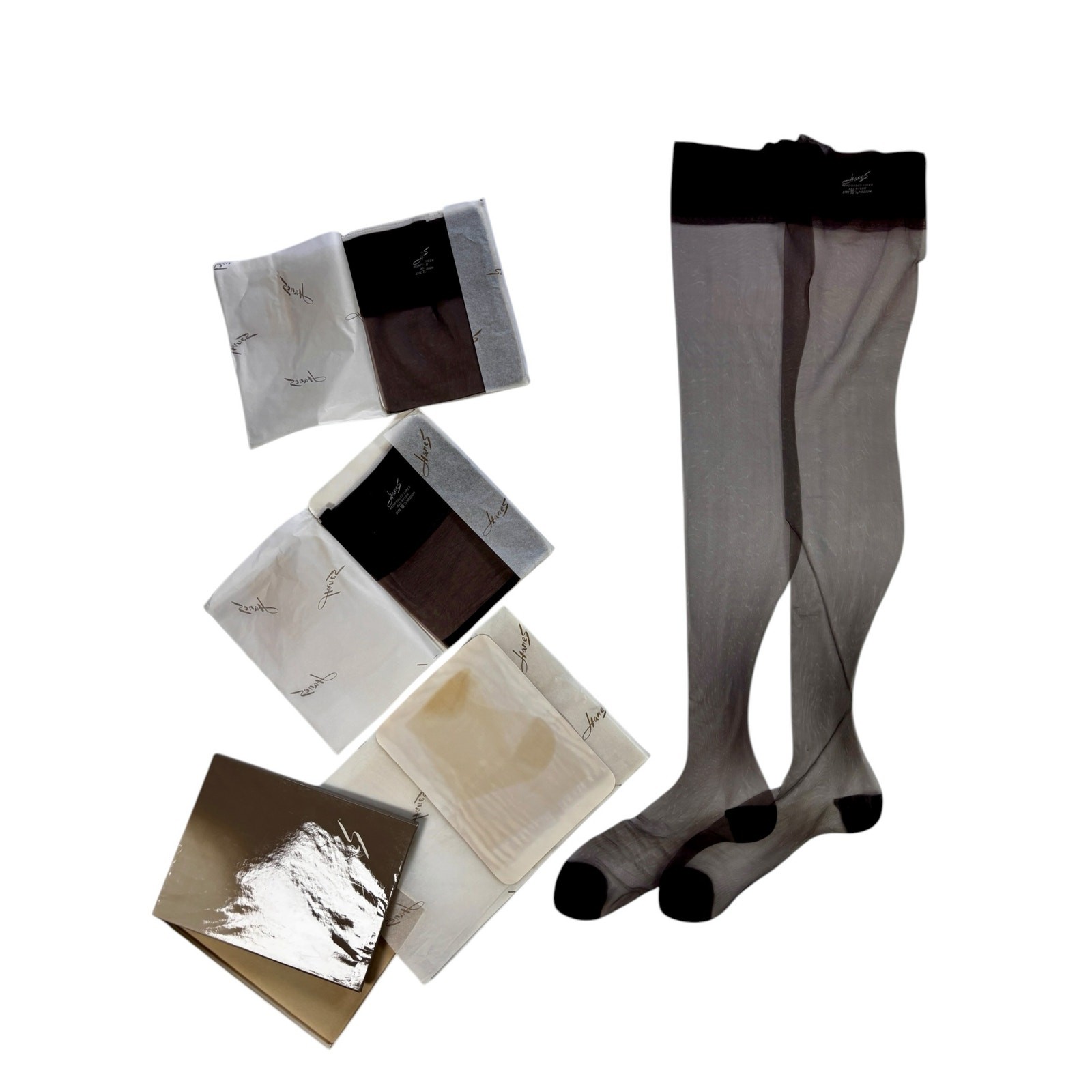 Vintage 1950s Hanes 415 Stockings 3 Pair NOS 10.5 M Barely Black RHT Boxed