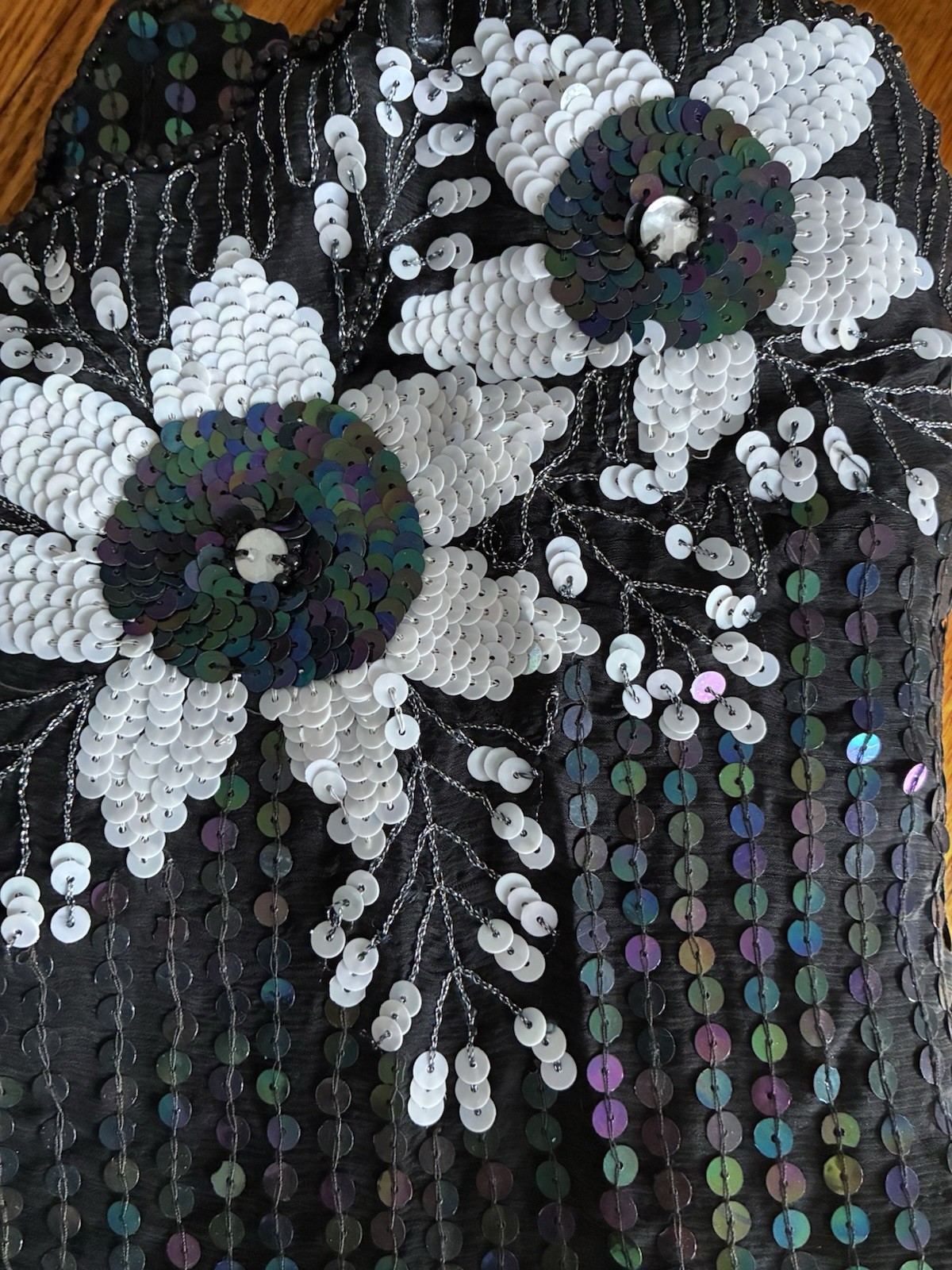 1990s Black & White Floral Silk Sequined Blouse Evening Shimmery