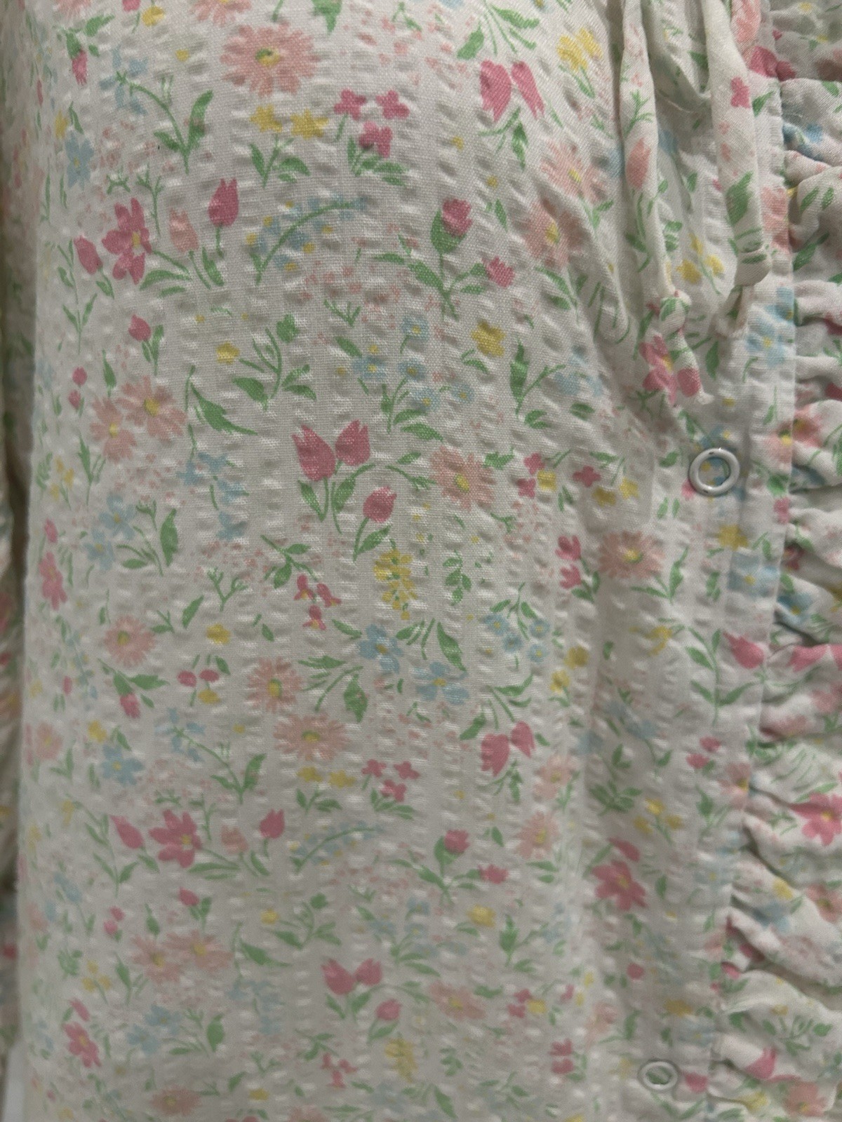 Vintage Cottagecore Floral Seersucker Housecoat Prairie Maxi Dress Ruffle M ^