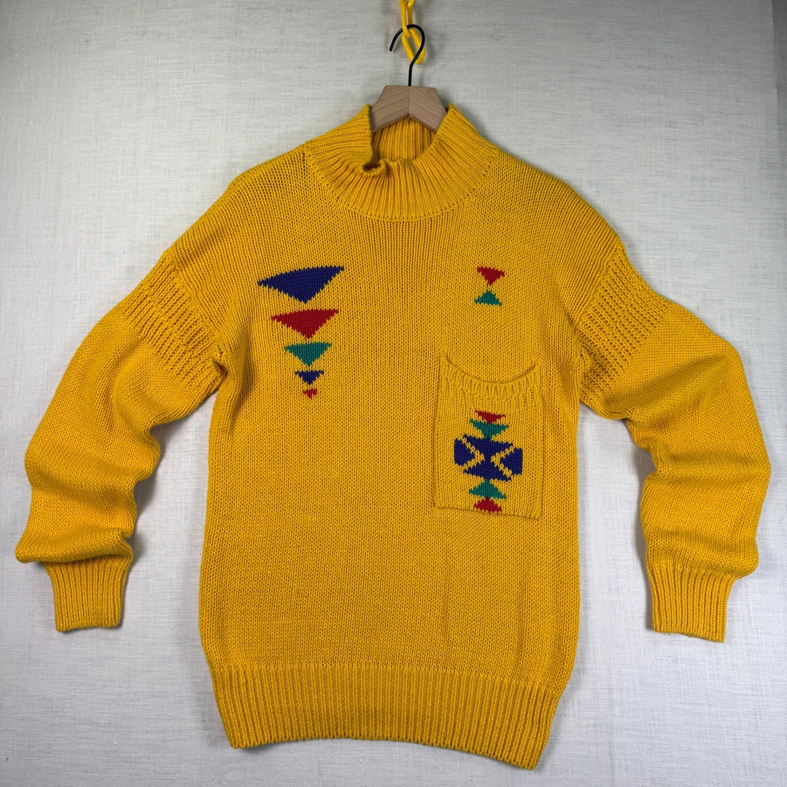 VTG I. Magnin Womens S Sweater Yellow Geometric Knit Mock Neck Cottagecore 1980s