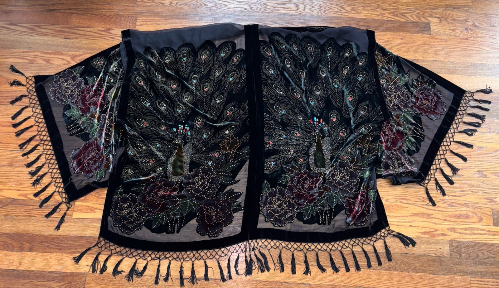 Vintage Silk Velvet Beaded Peacock Duster Coat Opera Black Fringe Romantic Goth