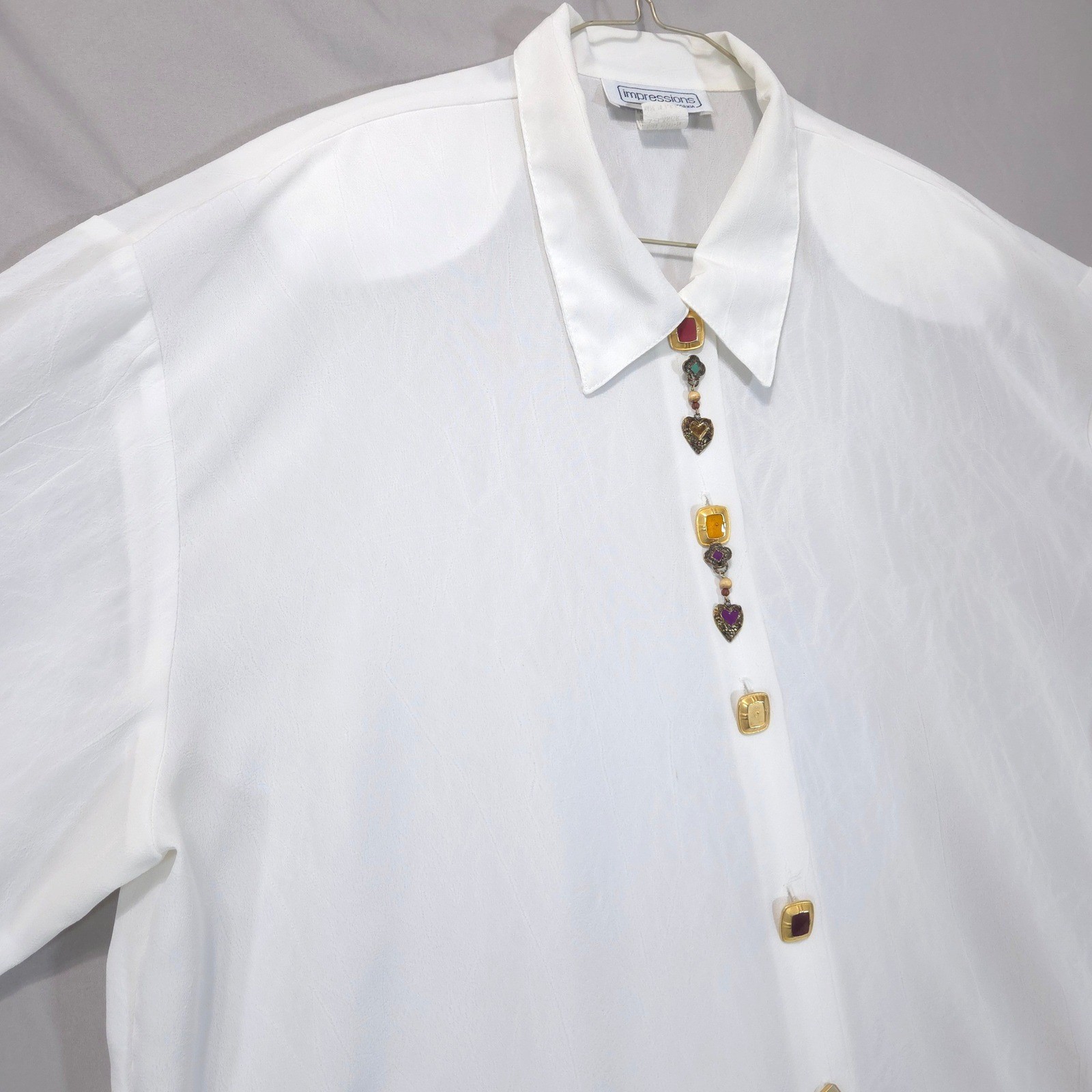 Vtg Impressions of California Jewel Heart Charm Blouse XL Button Down Shirt