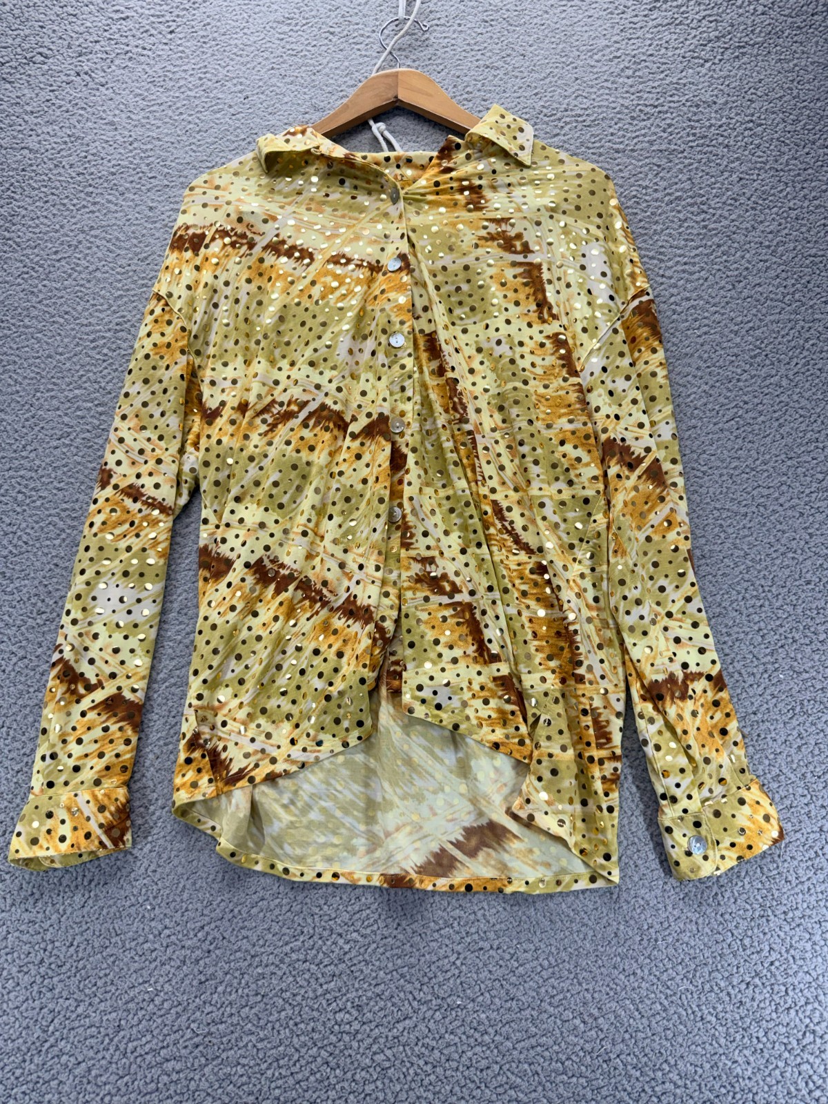 Vintage 90s Selene Sport Blouse Womens L Gold Sequin Glam Disco Party Abstract