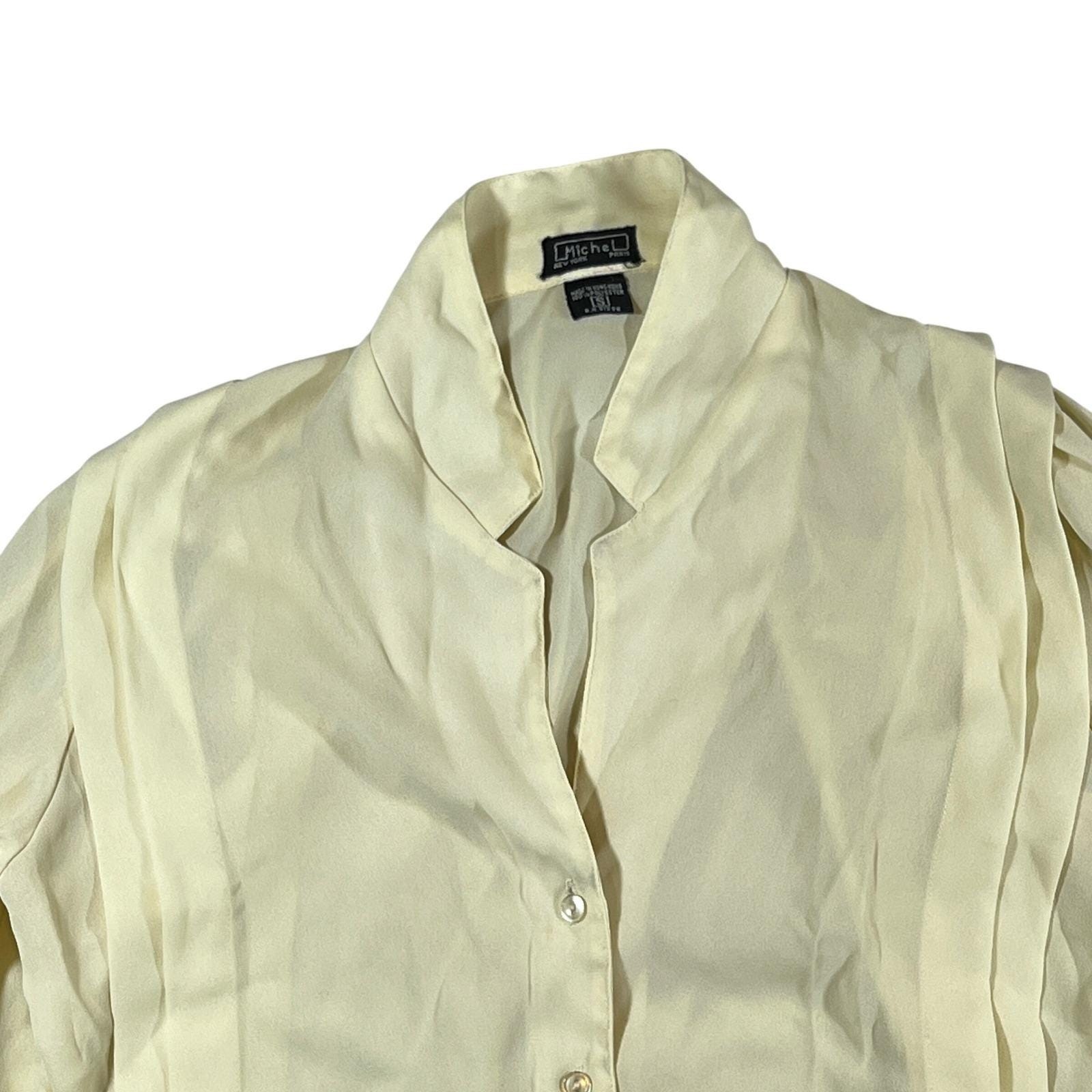 VTG Michel Blouse Womens S Cream Pleated Front Button Up Secretary Core 80s 90s