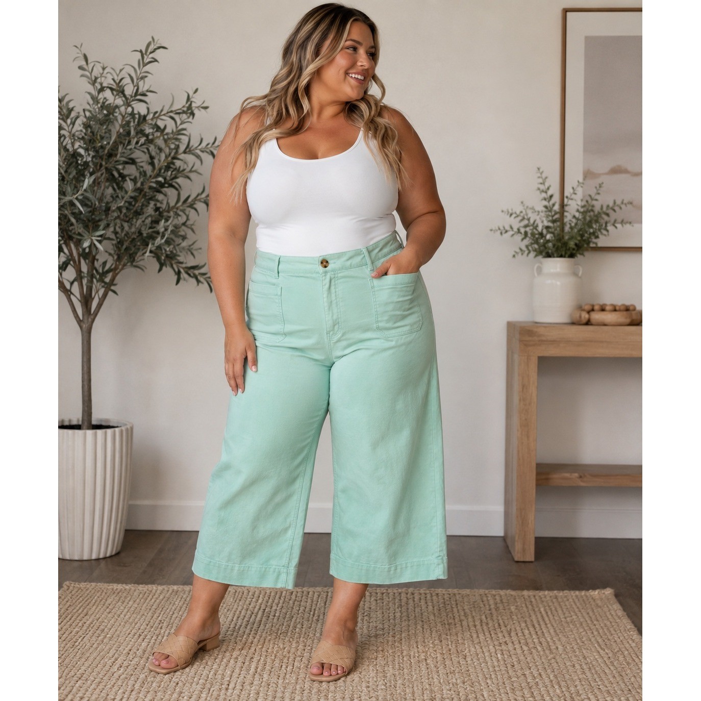 Cato EST. 1946 Denim Super Hi-Rise Wide Leg Crop Pants Mint Green Size 16 NWT