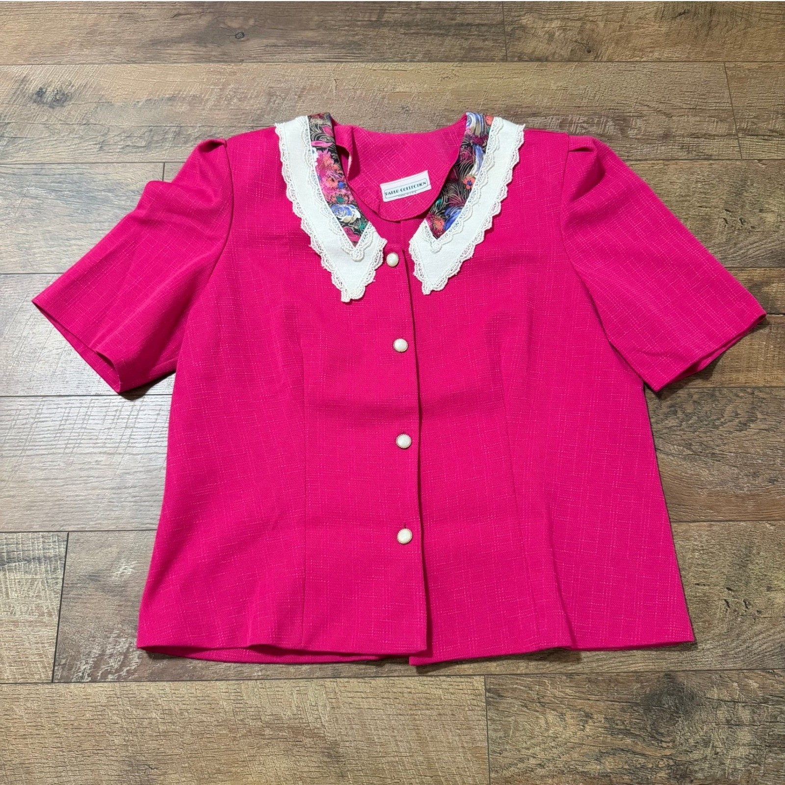 Vintage Pablo Collection Pink Lace Floral Collar Button Up Blouse Made in USA