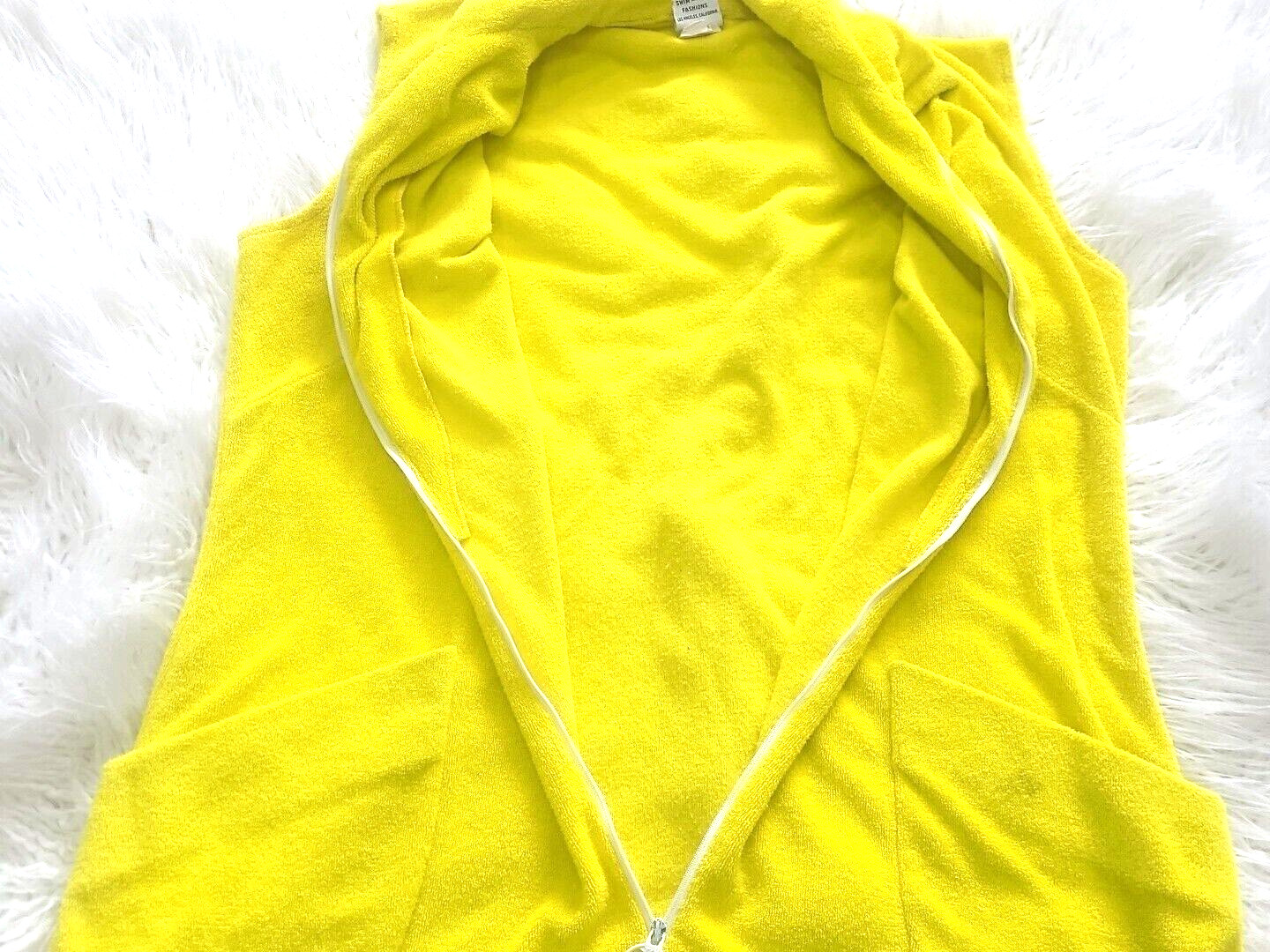 VTG 60s 70s Terry Cloth DeWeese Design Swim Coverup Dress Zip Size L Yellow Mod