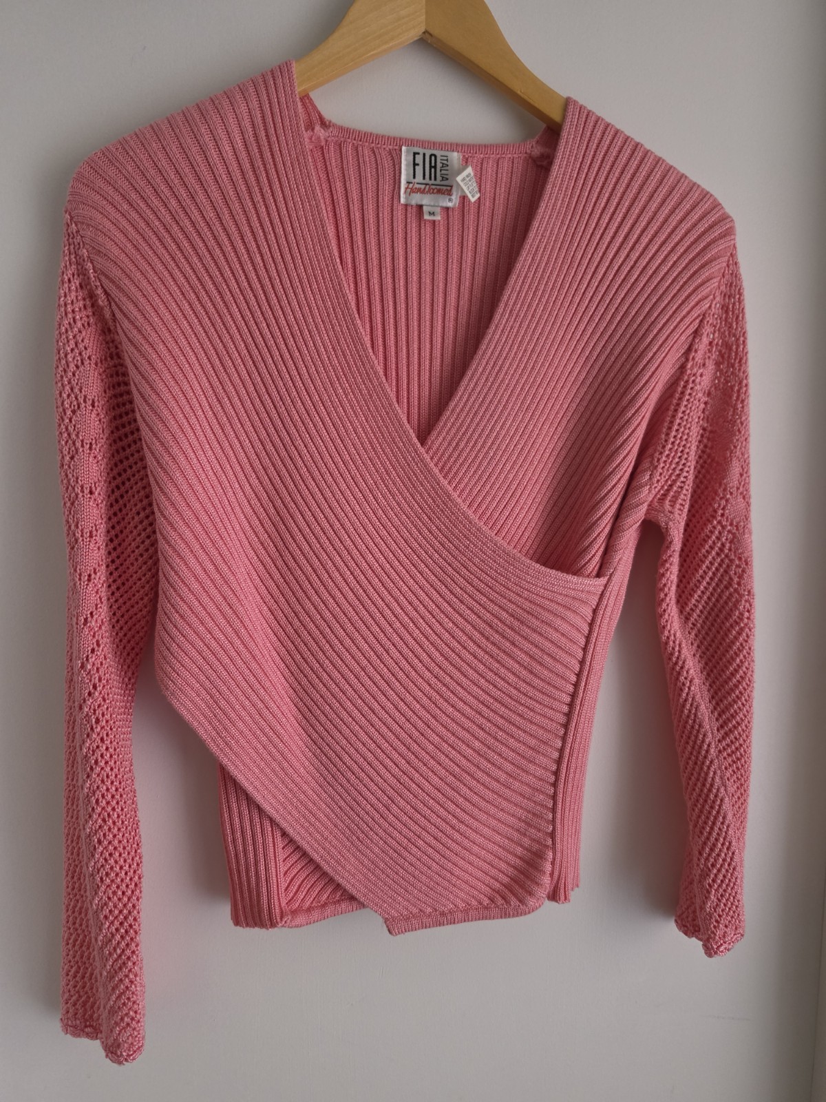 Vintage Fia Italia Handloomed Pink Long Sleeve Wrap Style Sweater Size Medium