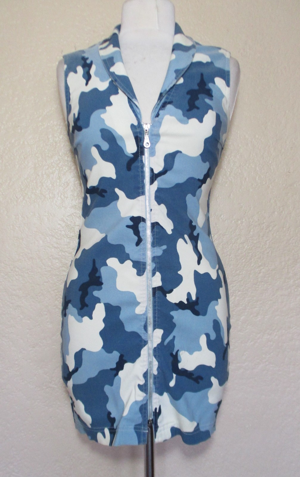 Vintage Georges Barhel Dress Blue White Camo Bodycon S Women Sleeveless