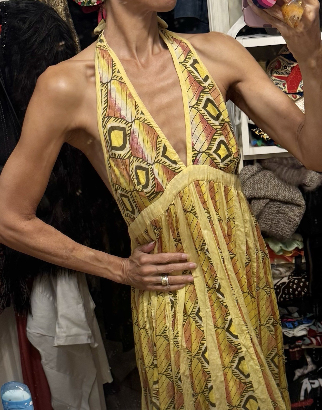 Vtg Yellow 70s Halter Gauze Cotton India Maxi Dress Full Sweep Hostess Boho Glam