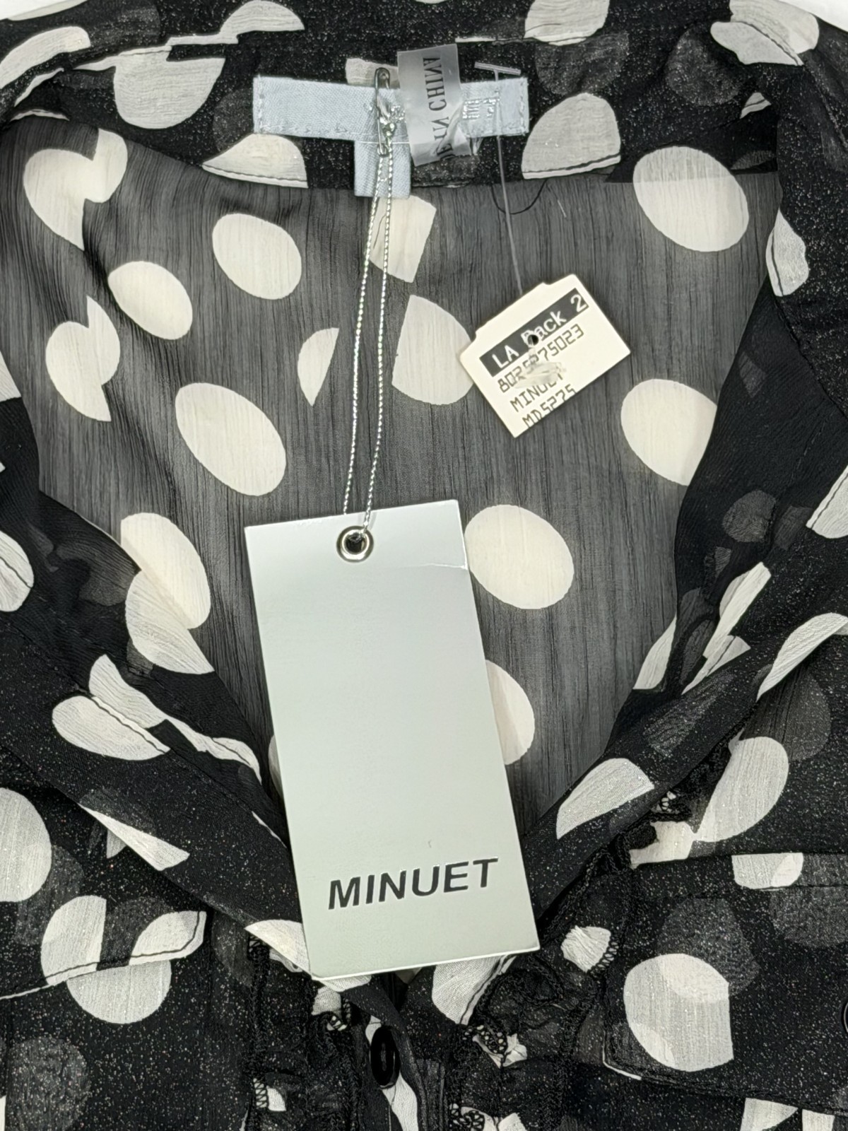 Vtg Black & White 90s Polka Dot NWT Sheer Chiffon Large Dress Ruffled Button Up