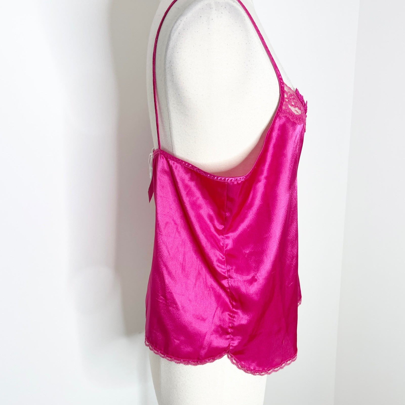 Vintage Hot Pink Satin Lace Trim Camisole Spaghetti Strap Tank Top Lingerie