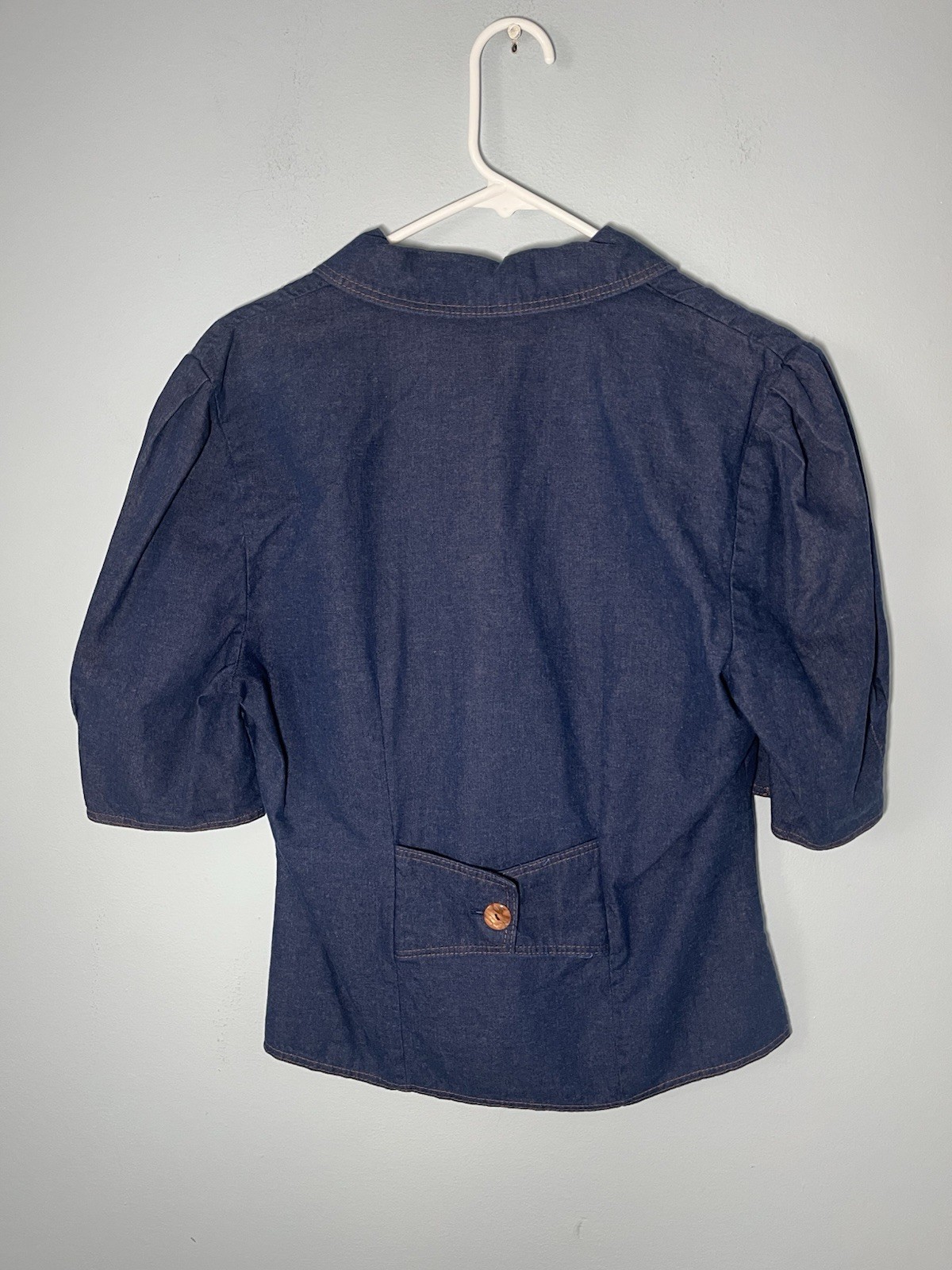 Vintage 100% Cotton Chambray Double Breasted Blouse Jacket Top Puff Sleeves 36 S