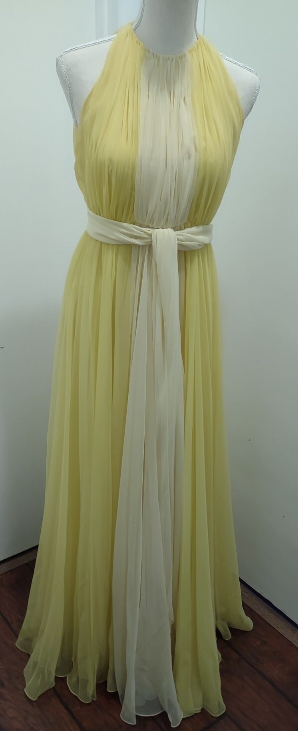 Vintage Kiki Hart NY Two Tone Yellow Chiffon Gown W Trailing Cape Grace Kelly