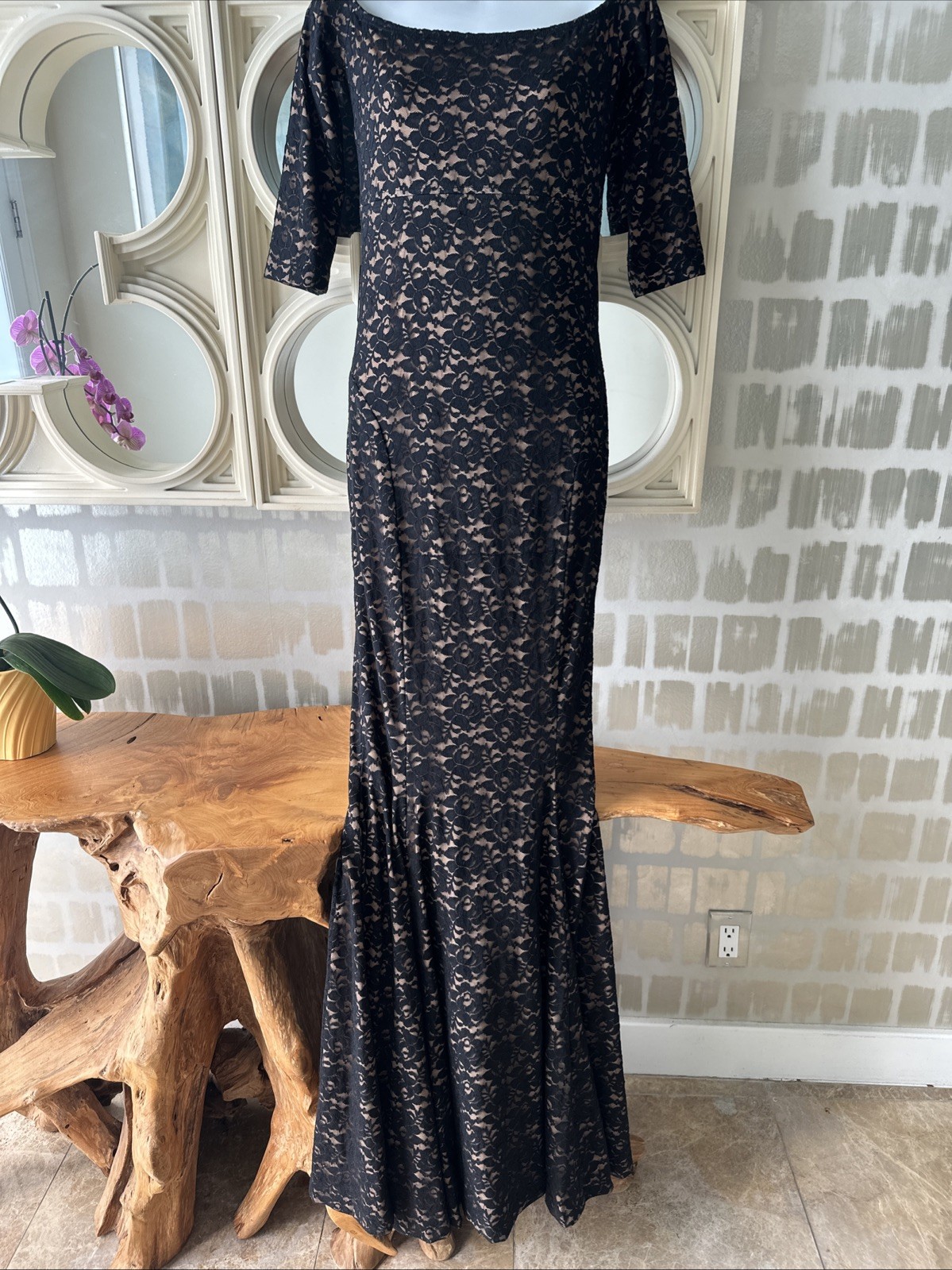 Omo Norma Kamali 90s Black Lace & Nude Shoulder Baring Empire Mermaid Maxi L