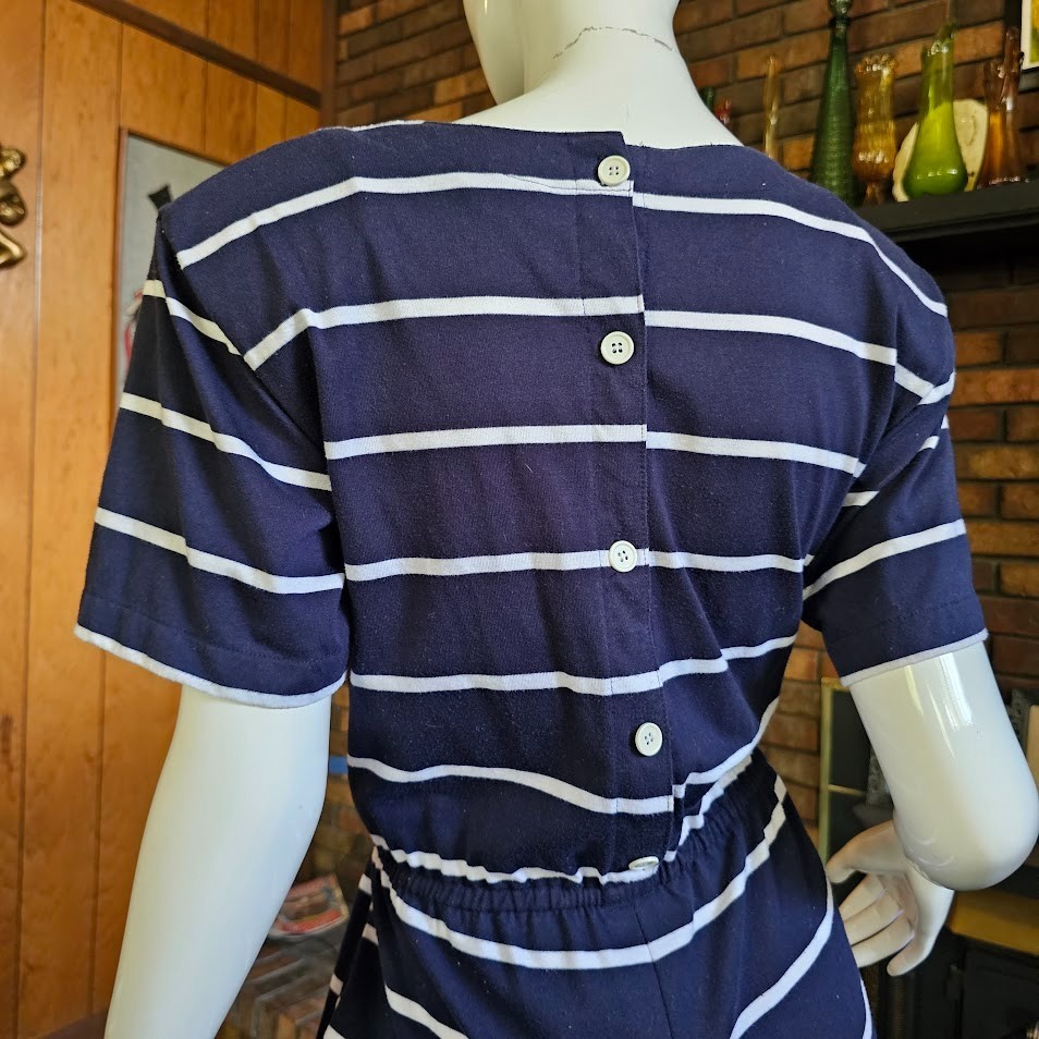 Vtg 90s Preppy Momcore Stripe Navy Playsuit Shorts Mini Dress T-Shirt Romper S/M