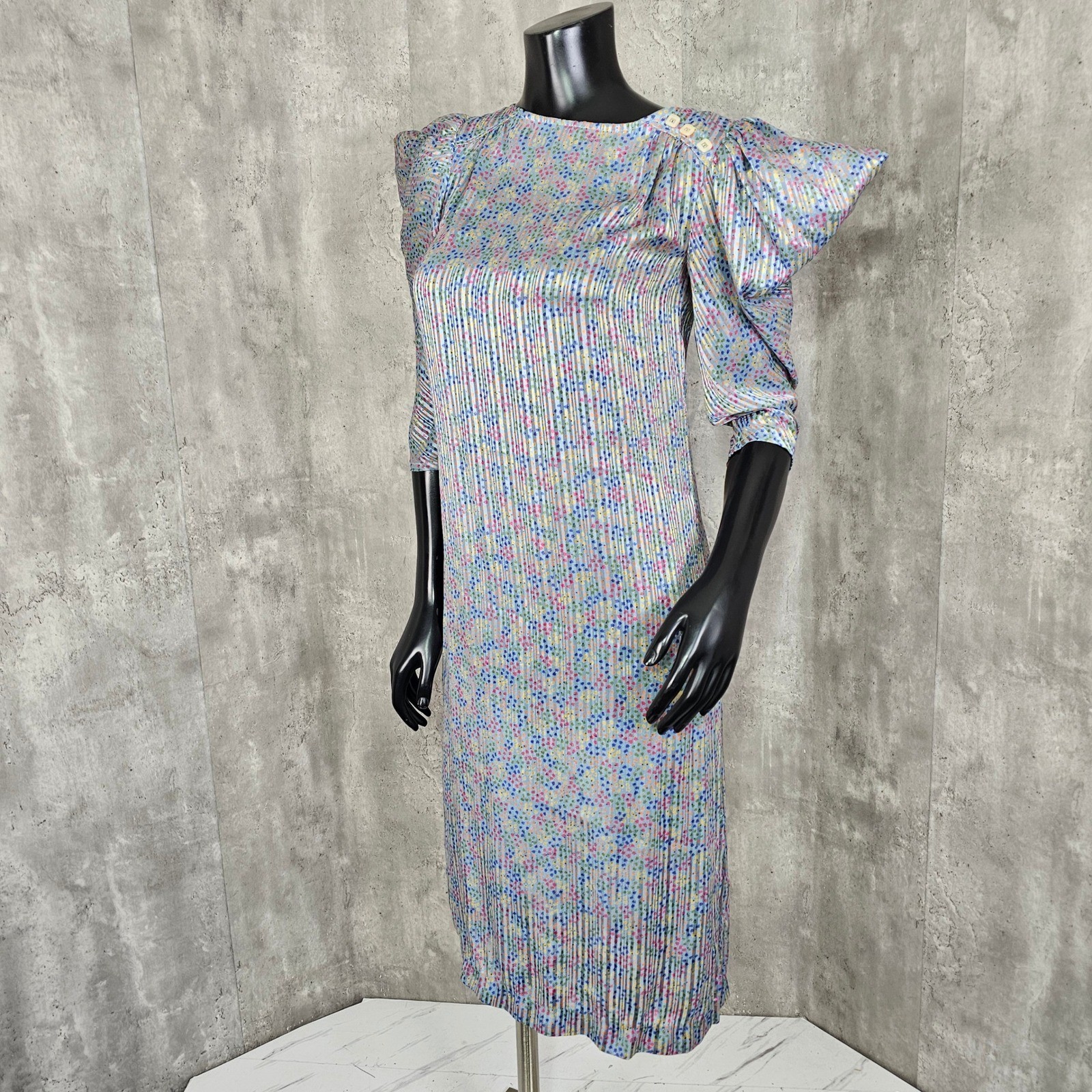 Vintage 80s Ala Carte Pleated Dress Flutter Puff Peek Shoulder Micro Floral