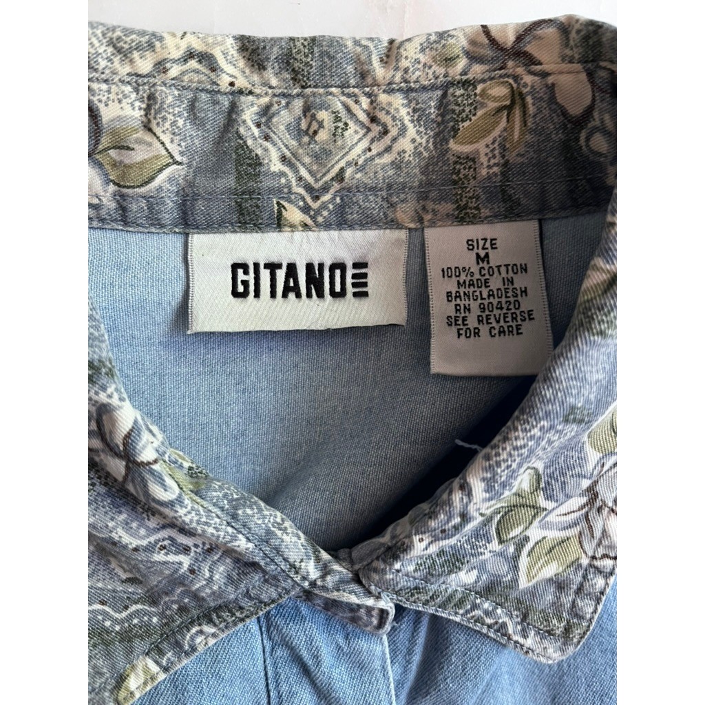 Gitano Vintage Button Down Denim and Floral Shirt 90s Classic Top size medium