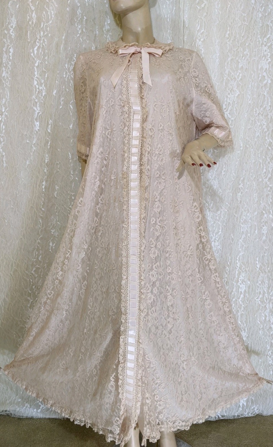 VTG Odette Barsa Lace Overlay Pocket Pink Peter Pan Collar Dressing Gown Robe L