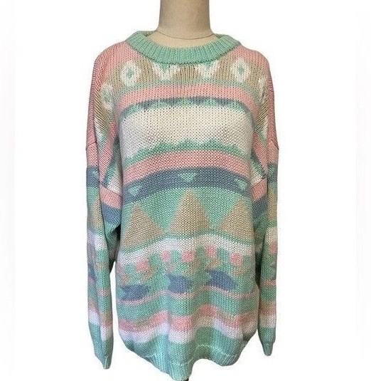 Vintage 80s OKE Pastel Aqua Pink Geometric Cotton Knit Sweater Jumper Size L