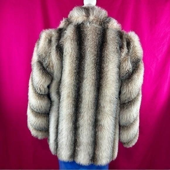 Vintage Faux Fur Striped Coat Brown Short Large Mob Wife Glam Luxury Chic