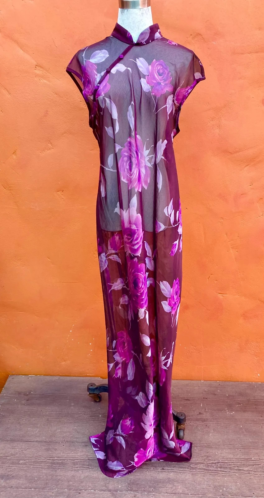 Vintage 1990s Sheer Floral Maxi Cheongsam Dress. Festival Glam Grunge Rave Pinup