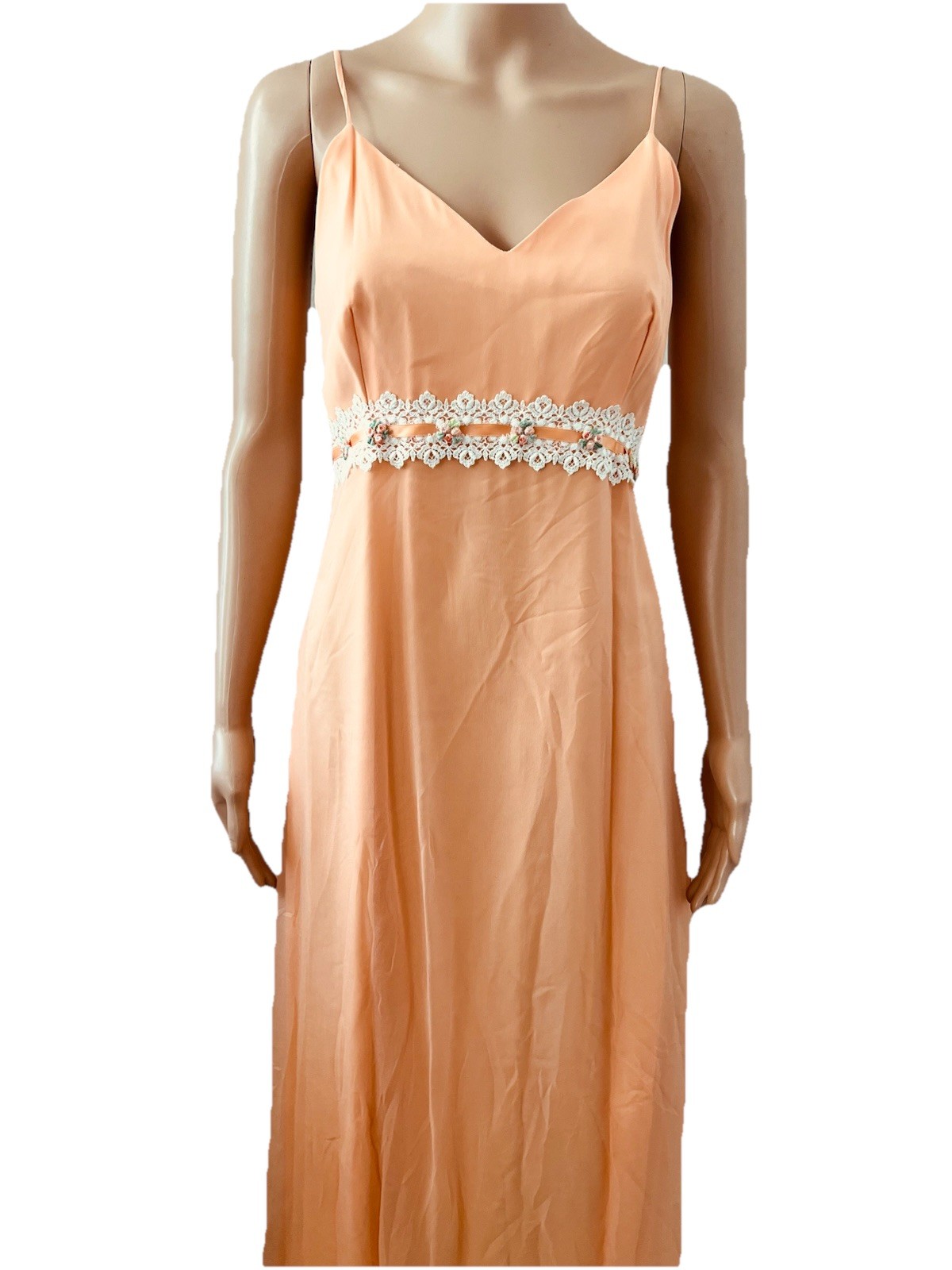 VTG 60s Peach Chiffon Maxi Dress Capelet Floral Lace Ribbon Trim Hemline Damage
