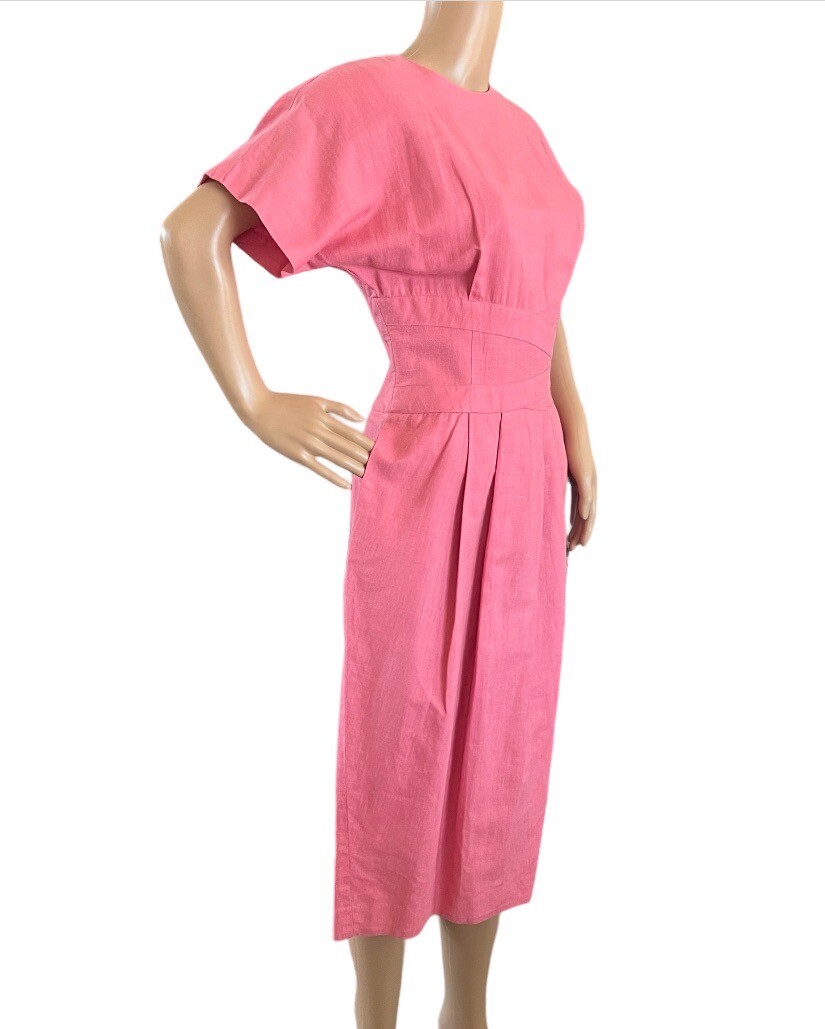 Vintage Horchow Womens Pink Linen Blend Pleated Dress Pockets Size 6