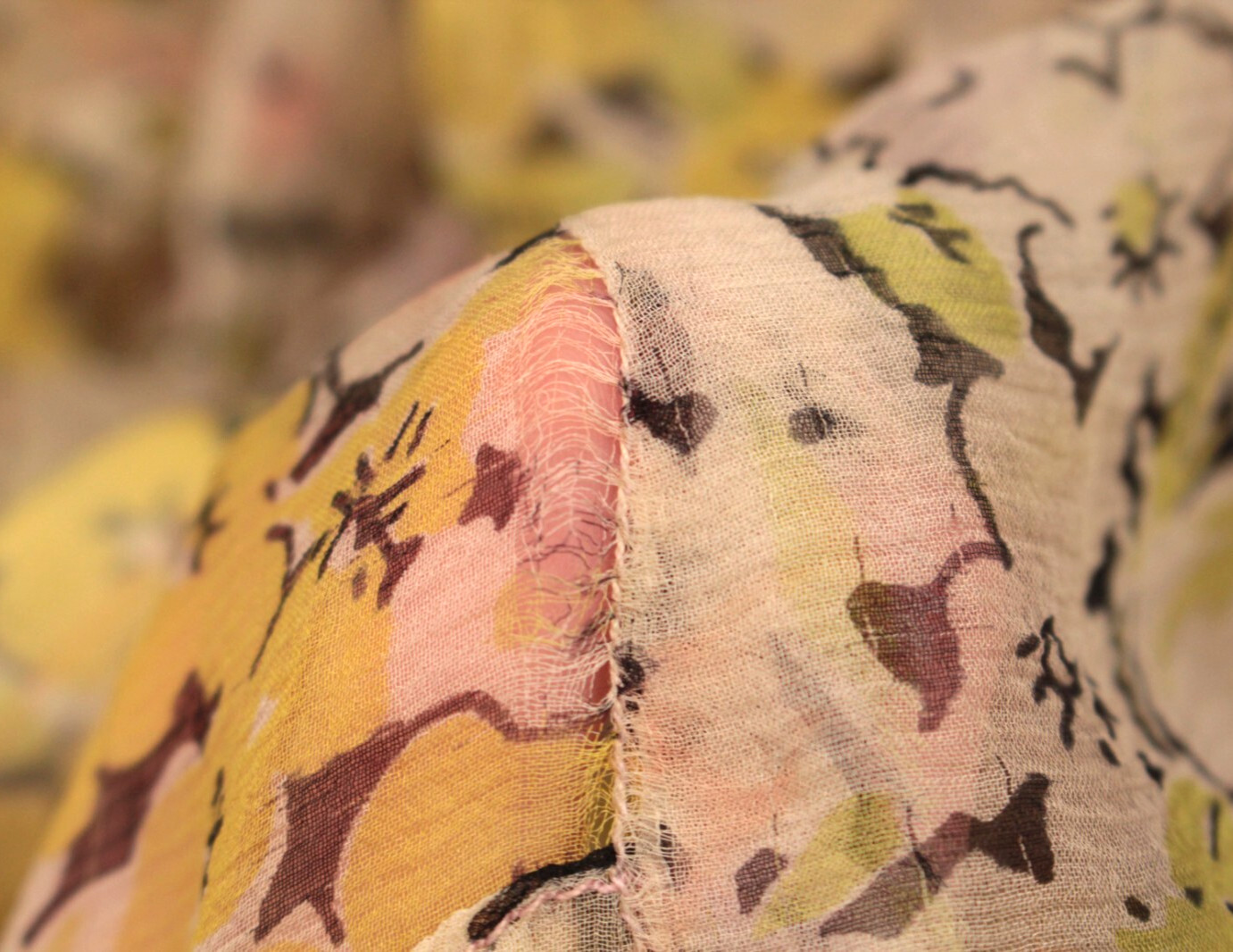 Vtg Women’s 30s Sheer Cream & Yellow Floral Pink Lining Chiffon Dress M/L 1930s