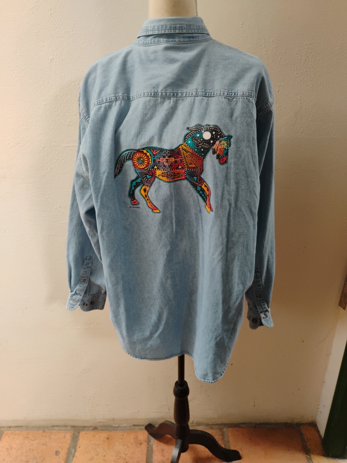 Horse Denim Shirt Adult XL Blue Equestrian Men Tribal Men 90s VINTAGE