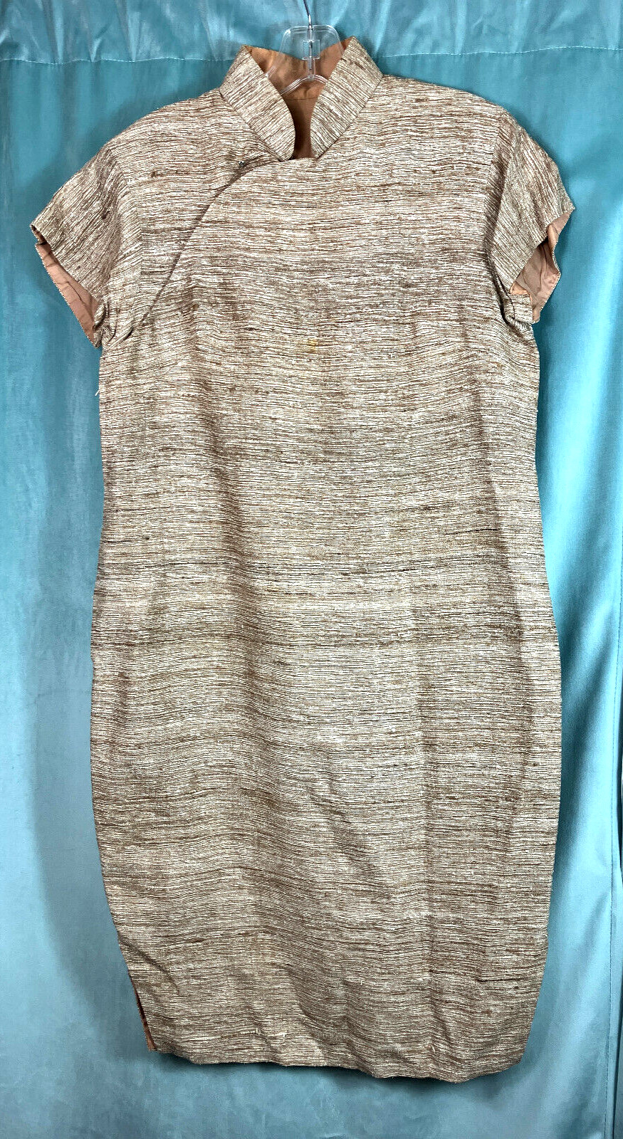 Vintage 60s Qipao Beige Raw Silk ? Set Dress + Jacket Cheongsam Custom Chinese
