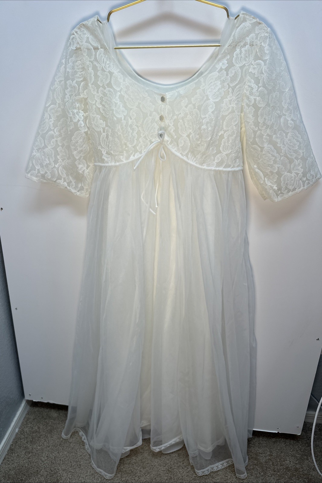 Lisette Lace Peignoir White Nightgown Lingerie Sheer 100% Nylon USA 2 Piece VTG