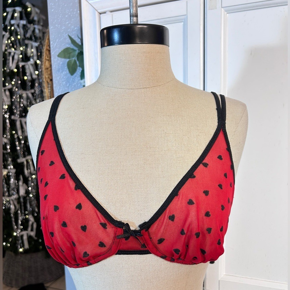 Vintage Red Mesh Heart Print Bra Sheer Black Trim 36B Sexy Date Night