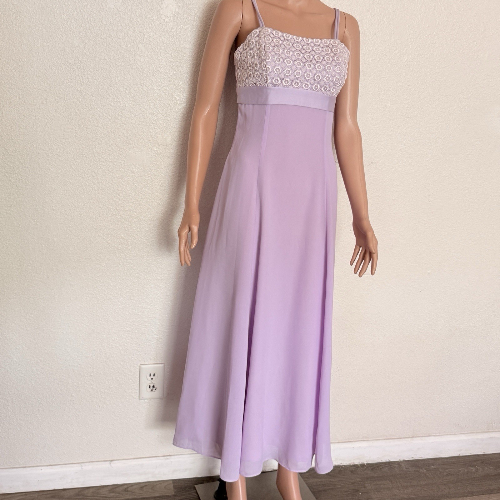 Vtg 90s Lavender Floral Lace Empire Waist Prom Dress Pastel Purple Maxi