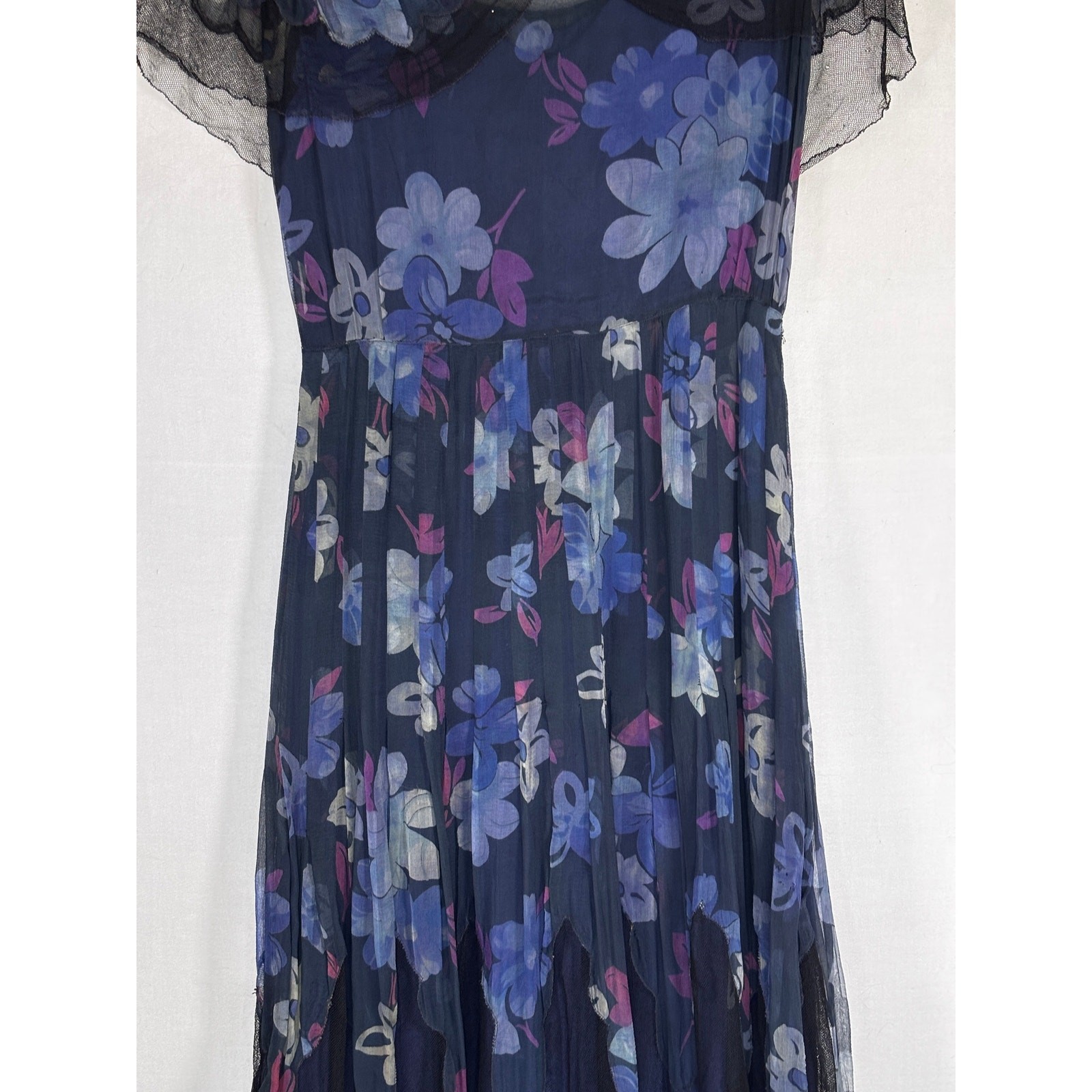 Antique 1920s Navy Floral Silk Dress Flapper Era Flutter Sleeve Drop Waist