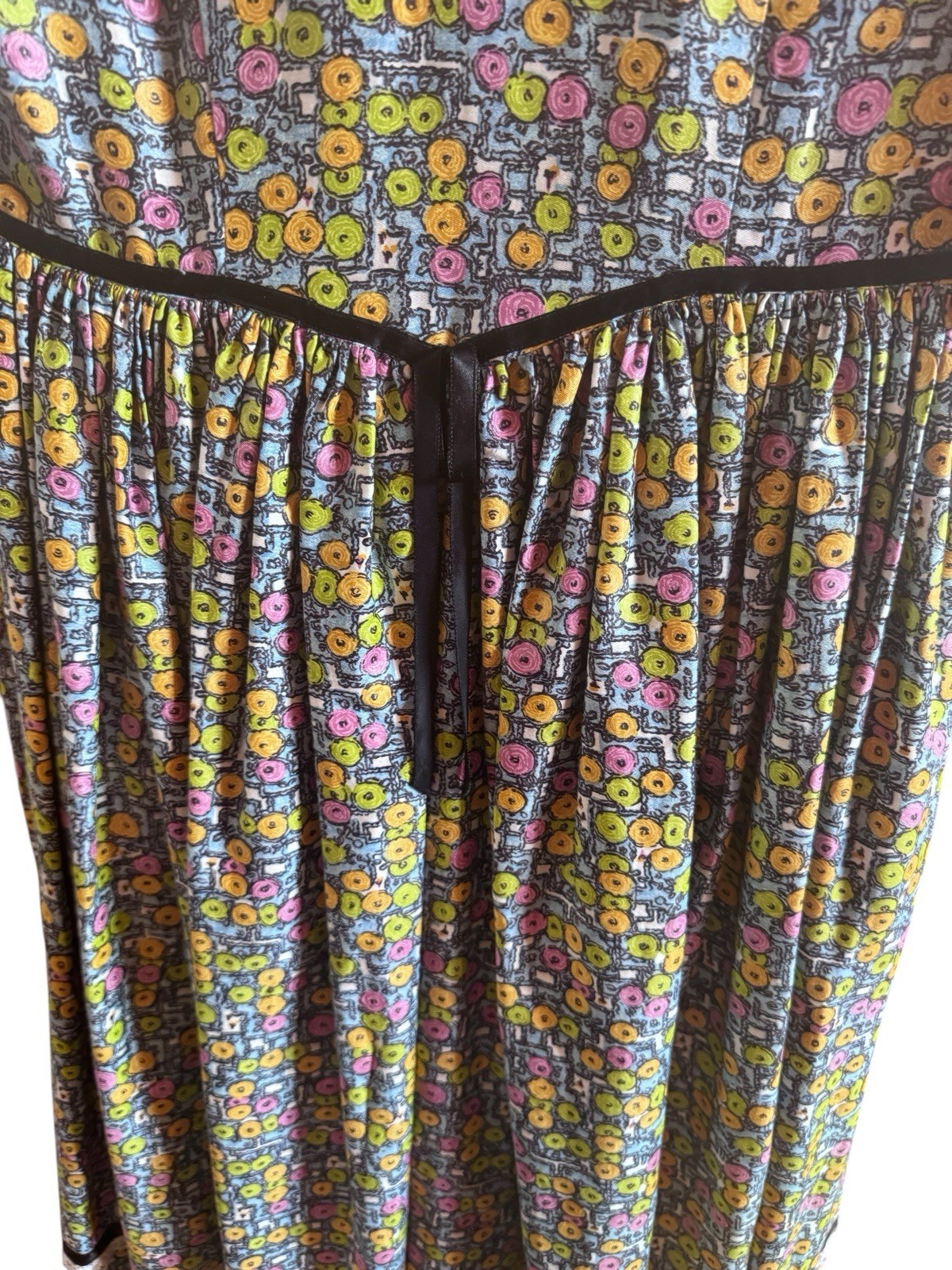 Vintage 1970s Homemade Prairie Long Dress Multi Colored Design Black Ribbon Lace